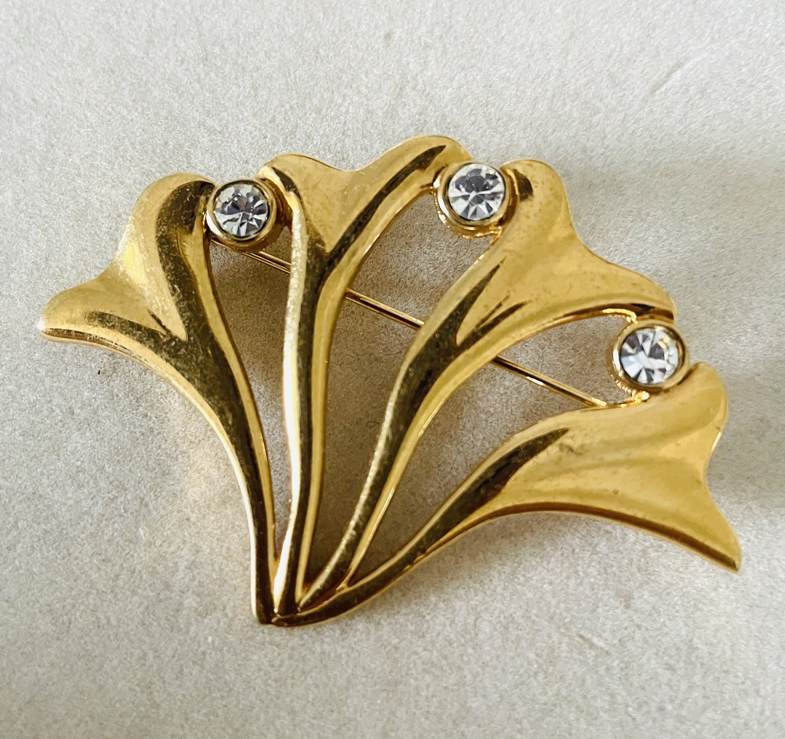Signed Calla Lily ~ Gold Plated & Clear Stone Brooch ~ by Moritz