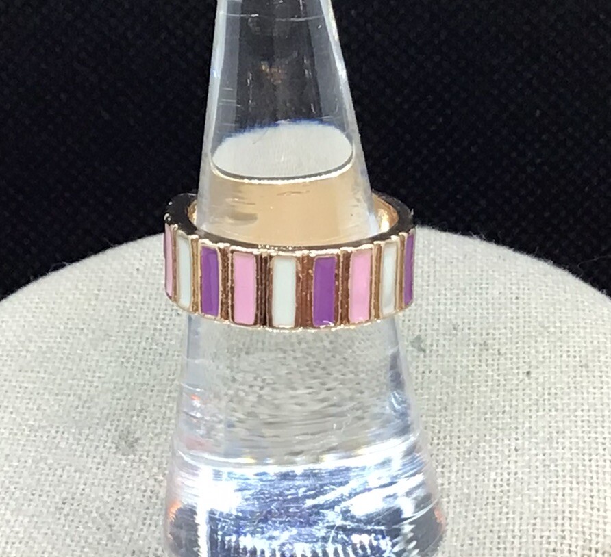 Gold Tone Wide Pink Purple & White Enameled Fashion Band Sz 7.25 F346