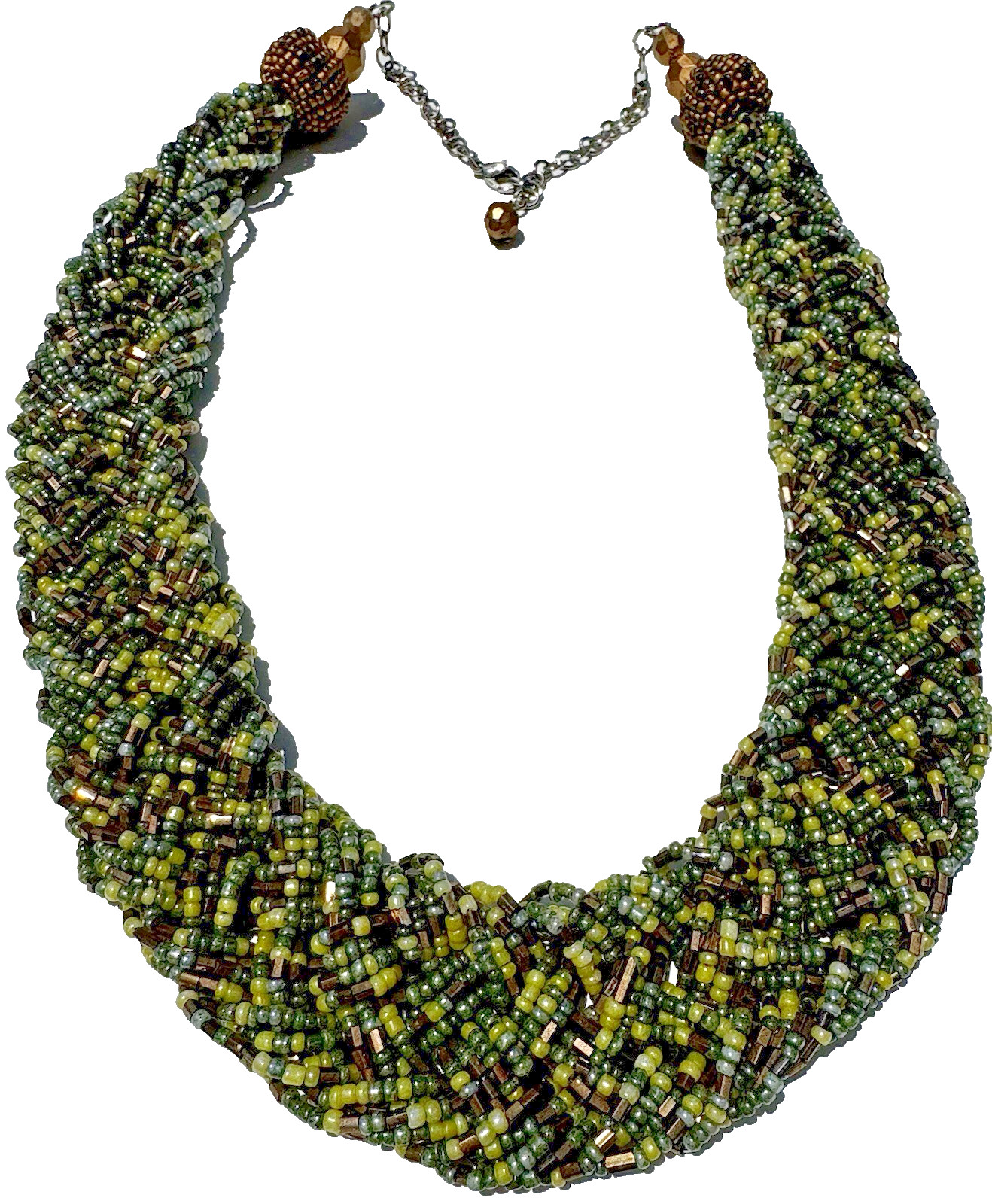 Olive Green Seed Bead Multi Strand Necklace Twisted Statement Collar 23 Inch