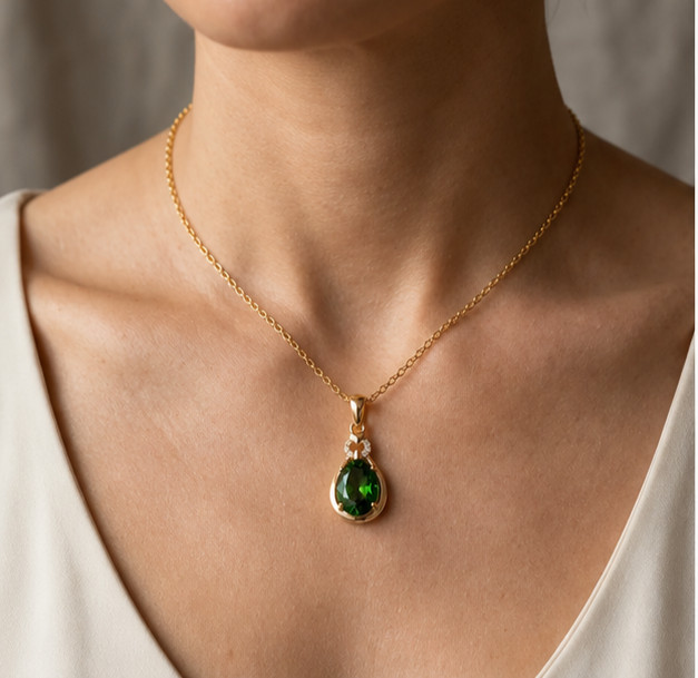 2.1ct Pear Cut Simulated Emerald/Diamond Pendant Necklace 14k Yellow Gold Plated