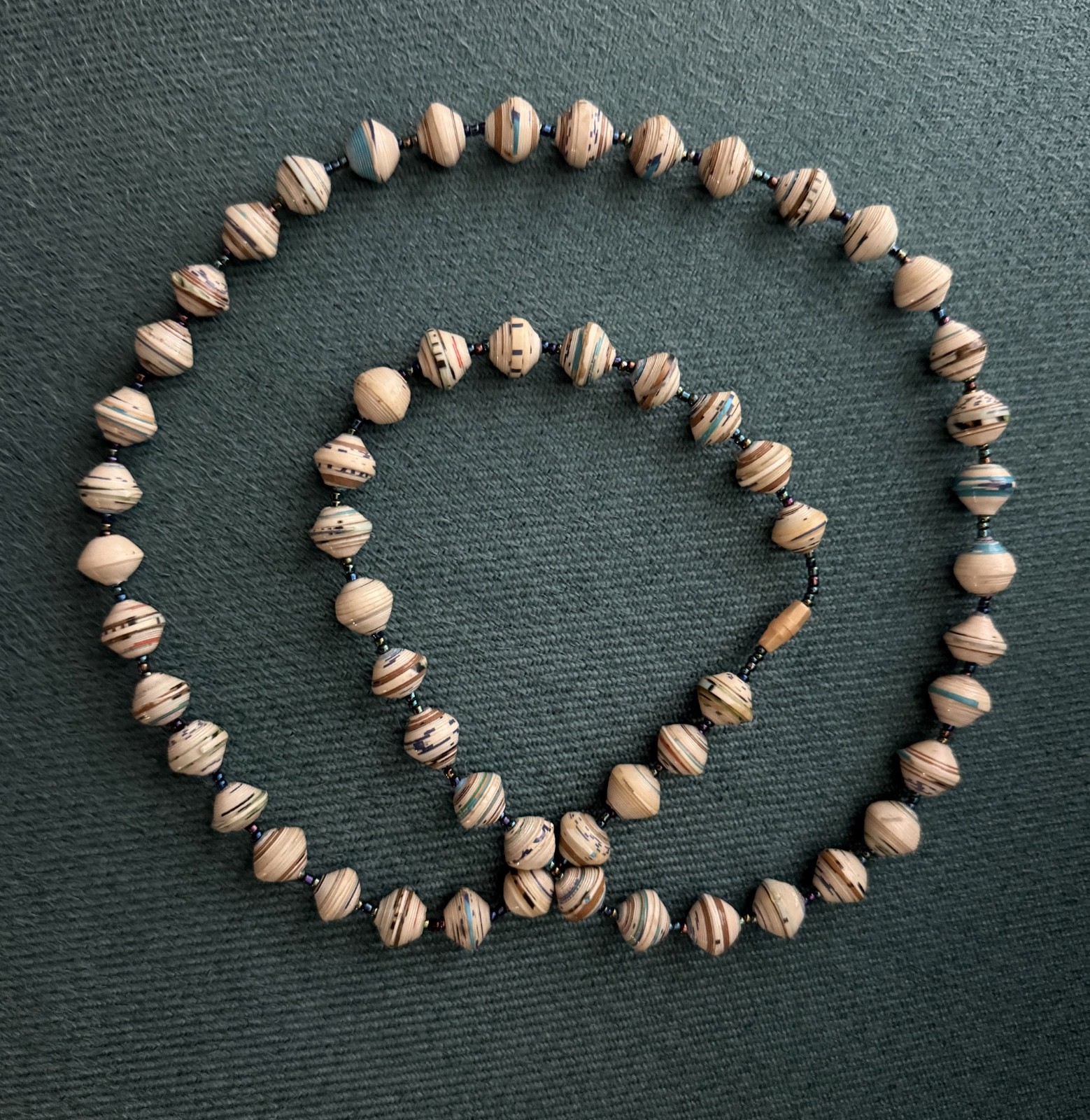 Rolled Paper Bead Long Necklace Multicolor Boho Teal Cream 30 Inch Recycled