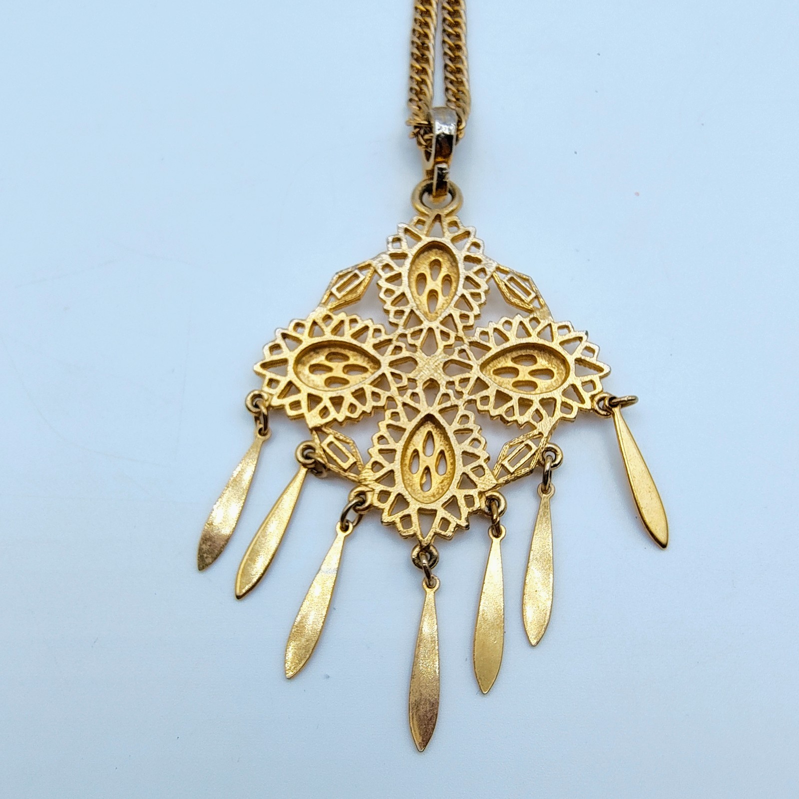 Vintage Filigree Pendant Necklace Gold Tone Victorian Revival Maximalist 70s