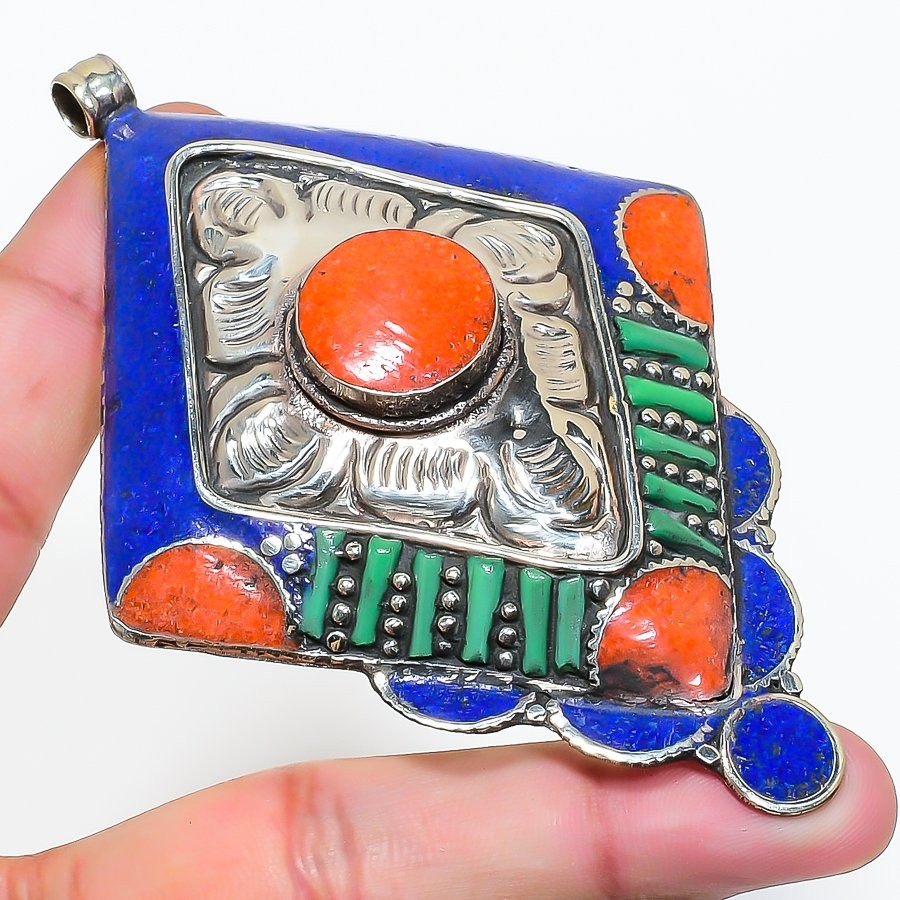 Coral Lapis Lazuli Turquoise Pendant Bahamas Tibetan Nepali Jewelry 3.8″ NP 2476