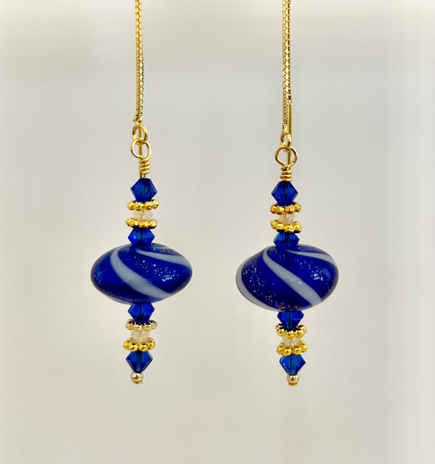 *IAJ* Blue Blown Glass 14k Gold Vermeil Ear Threads Threader Earrings