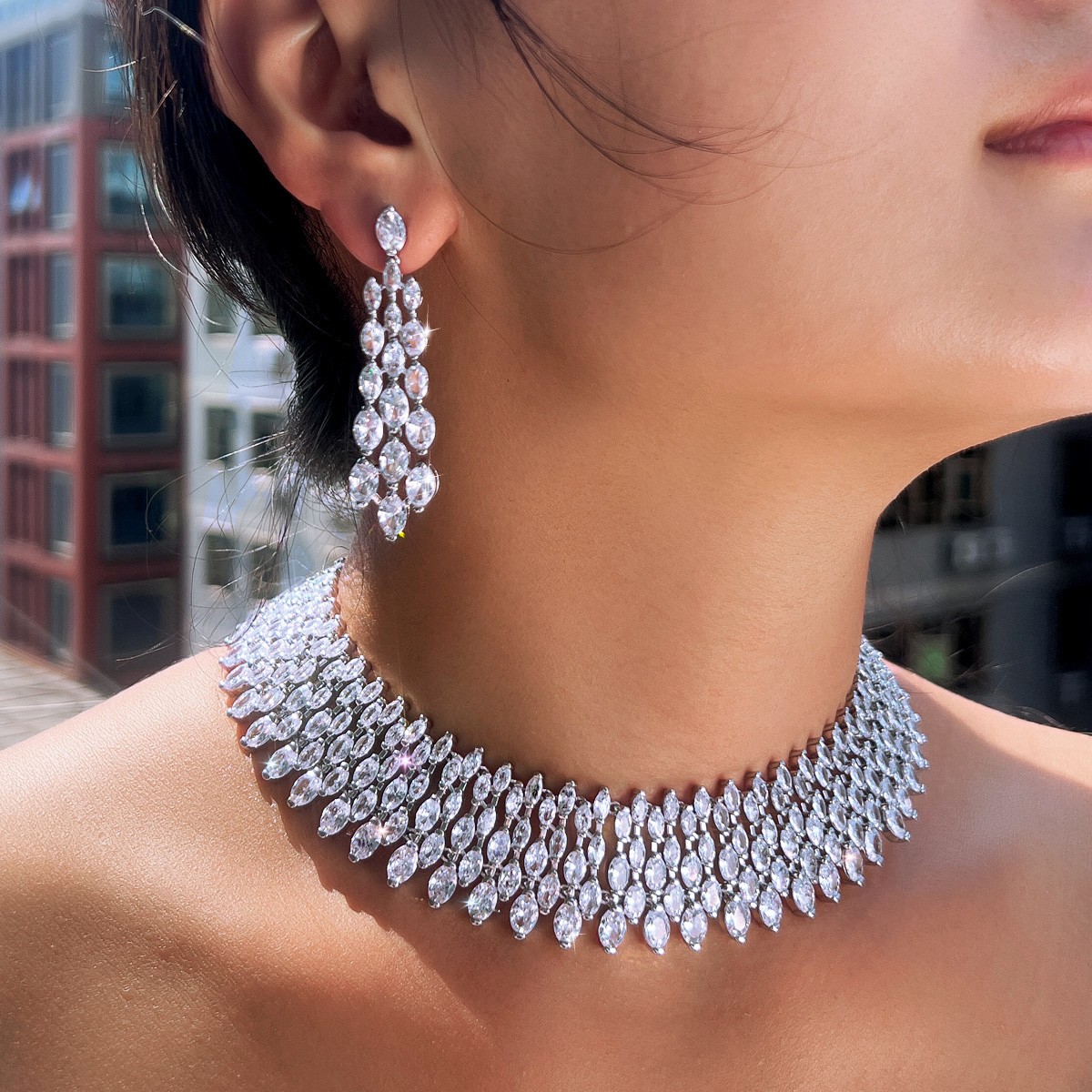 Dazzling Wedding Party Drop Necklace Earrings Silver Plated CZ White Jewelry Set
