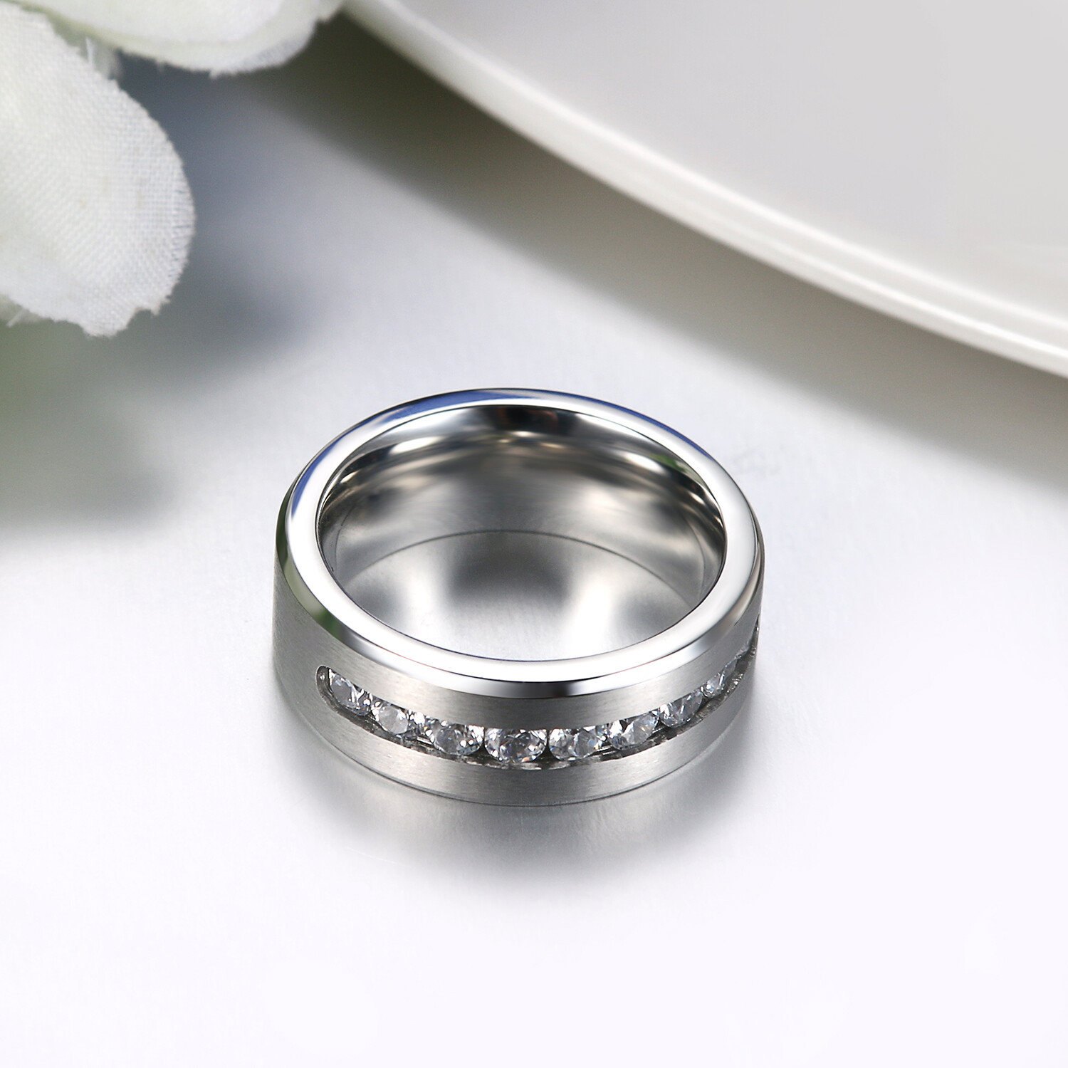 Men’s Women’s High Polish Stainless Steel Cubic Zircon Wedding Band Promise Ring