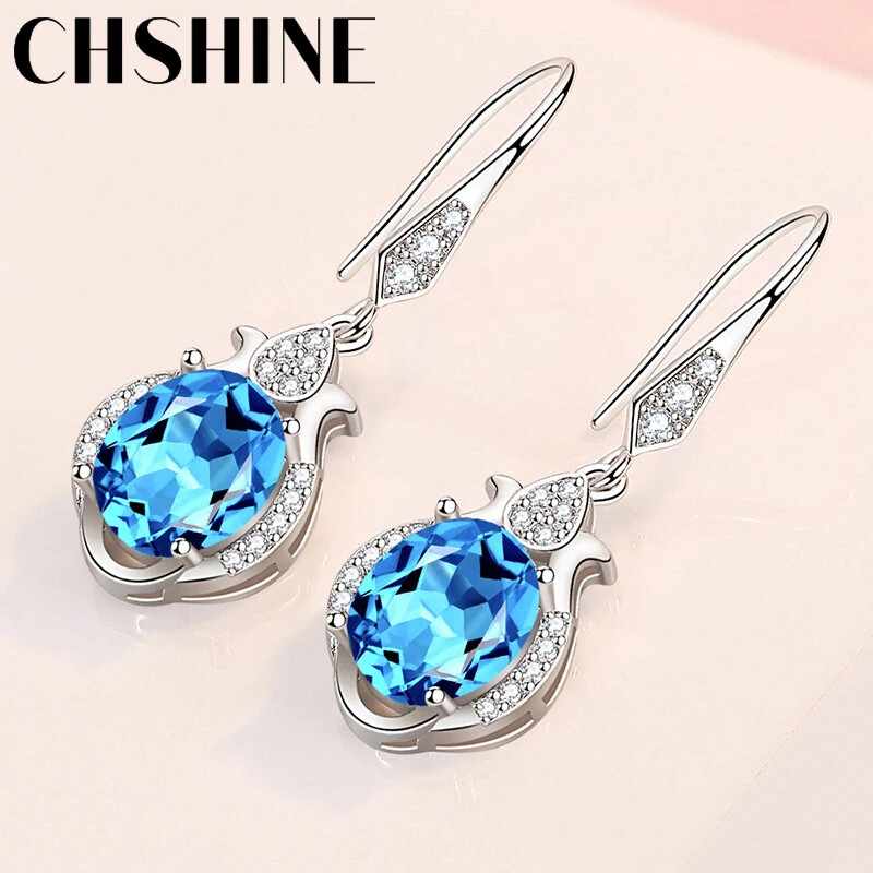 CHSHINE 925 Sterling Silver Water Drop Blue Zircon Earrings Fashion Jewelry