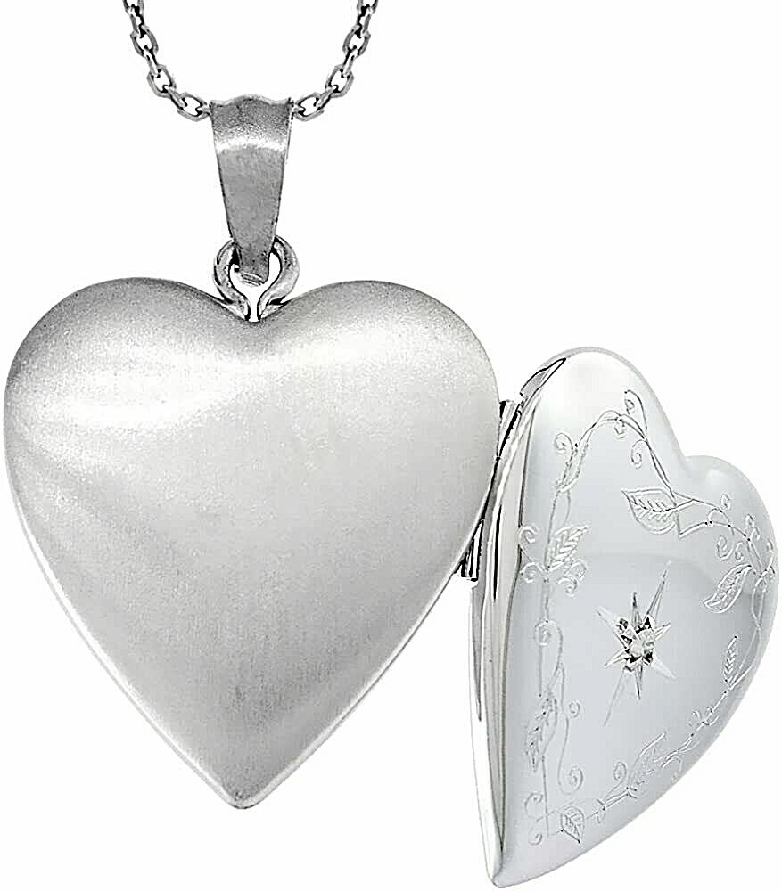 Sterling Silver Diamond Heart Locket for 2 Photo 3/4inch w/out Necklace 16-24″