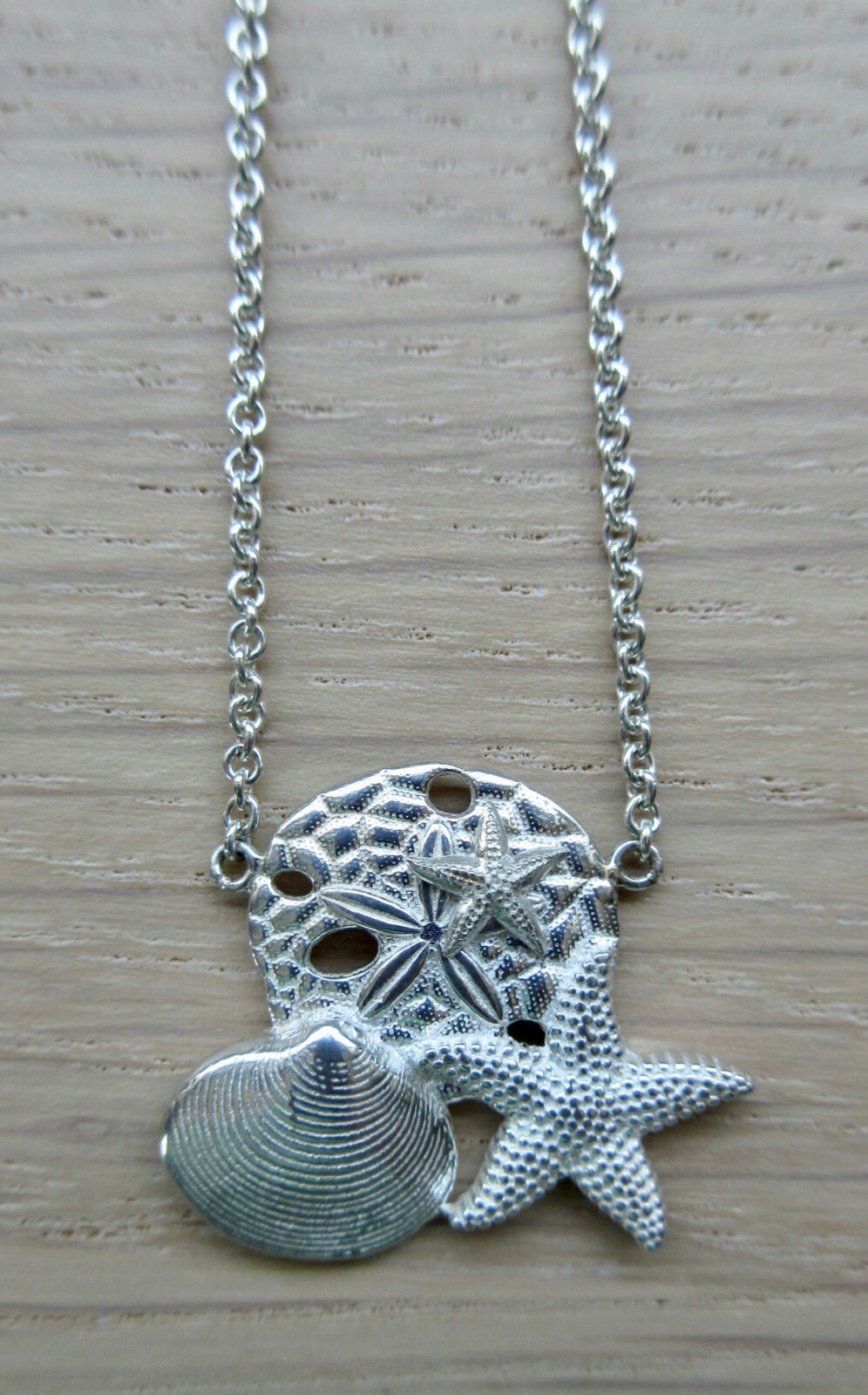 The Touch STERLING SILVER Pendant Necklace Coastal SEA SHELLS Collage NWOT