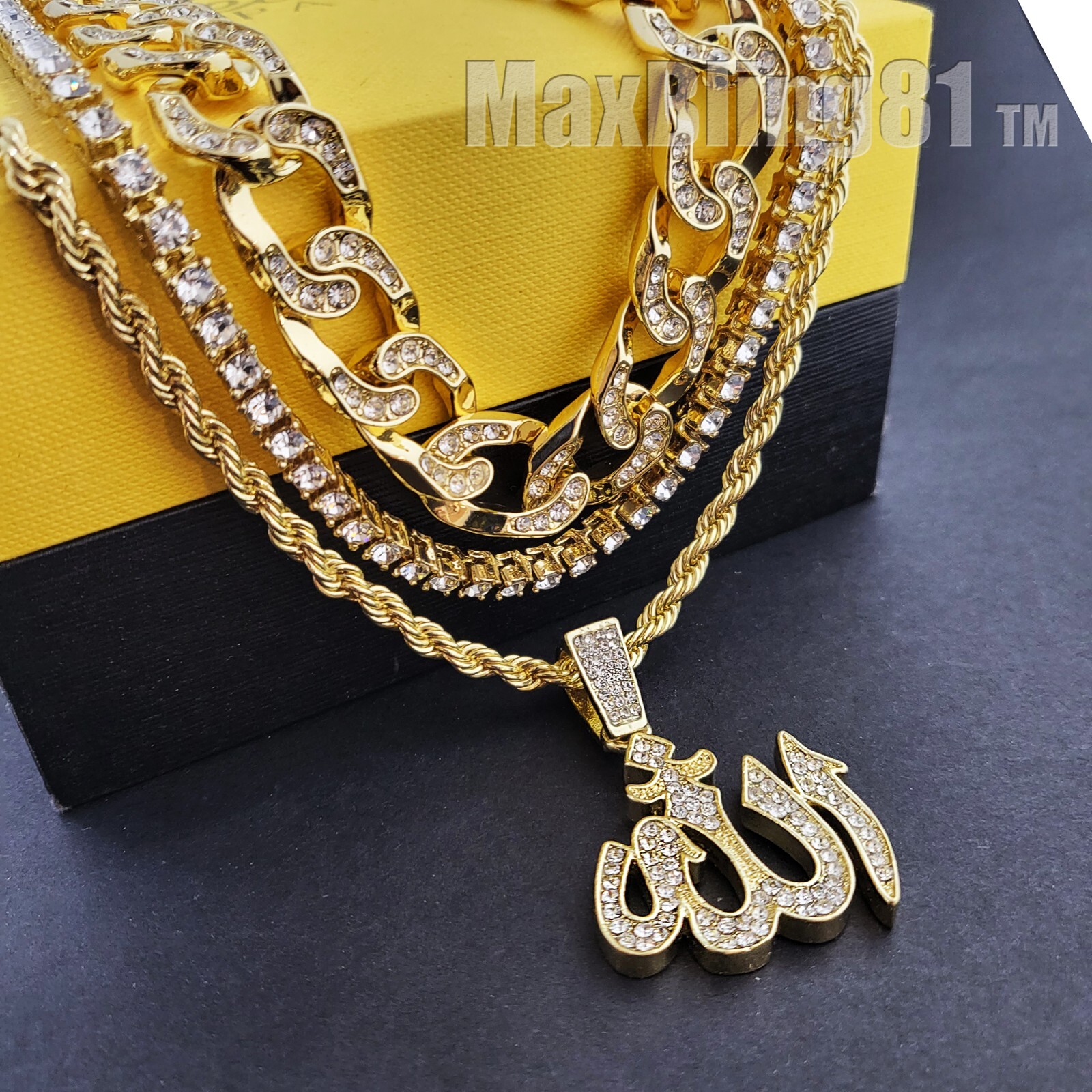 Gold Plated Alloy Cubic Zirconia Allah Necklace & 18″ Iced Cuban & Tennis chain