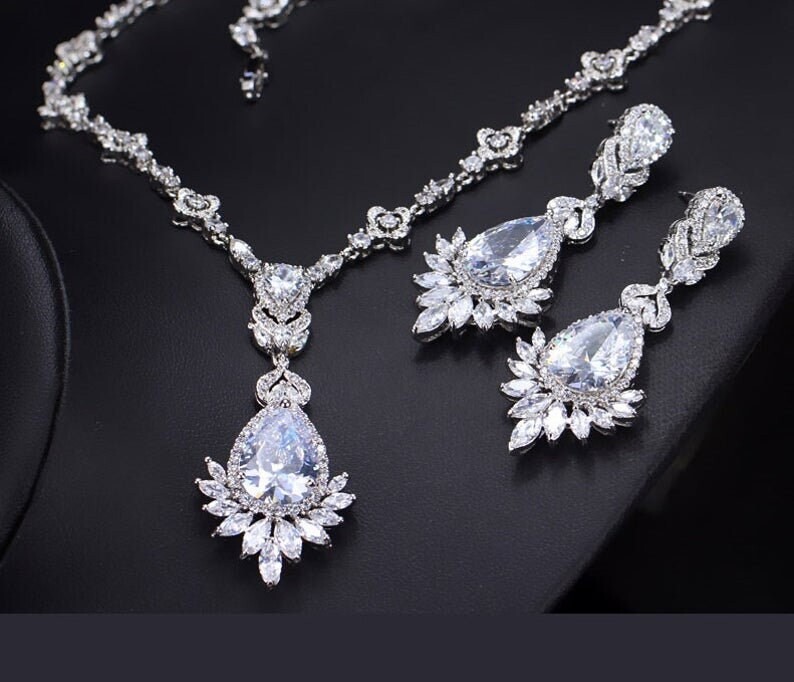 Wedding Jewelry White Gold Plated CZ Necklace and Earrings Bridal Jewelry Set