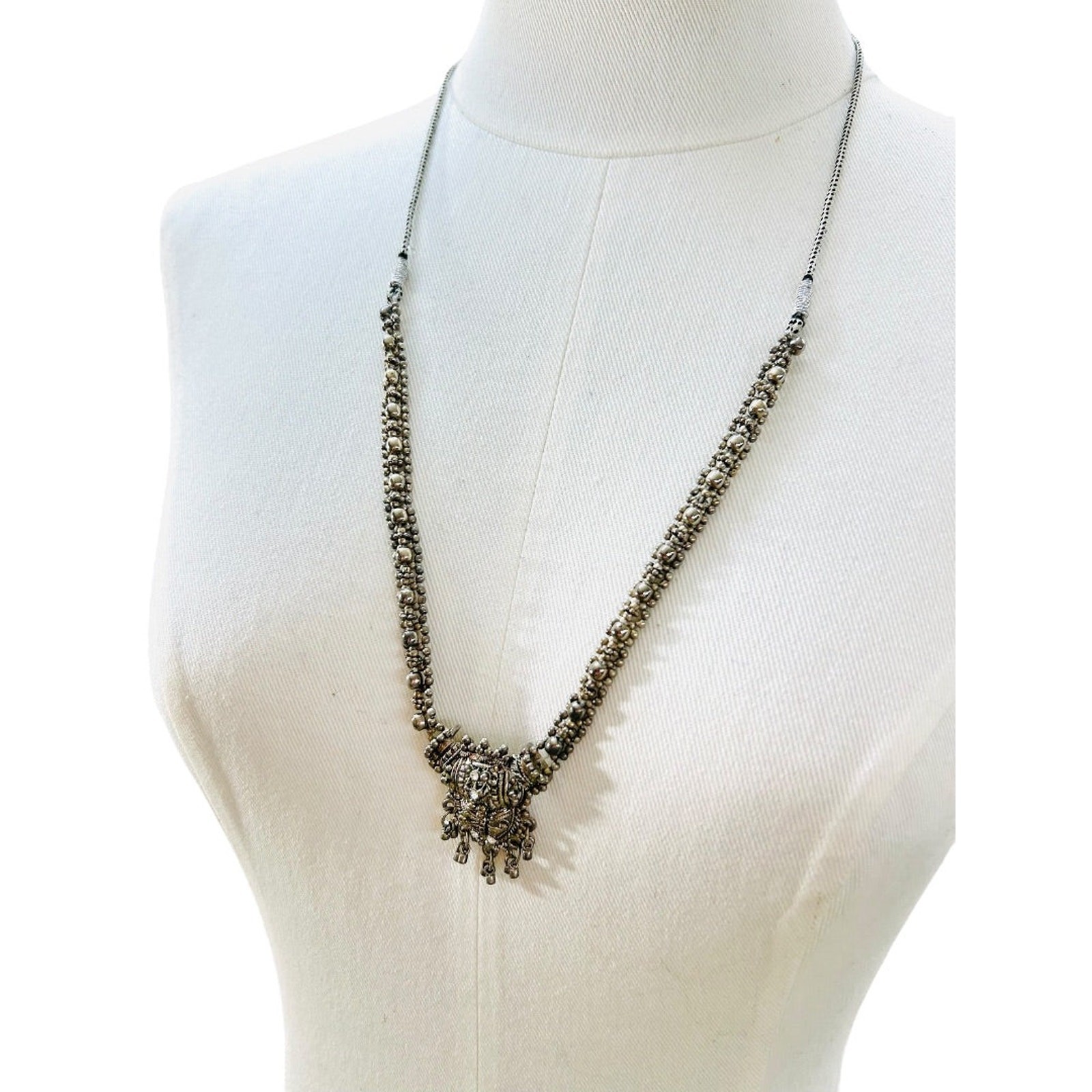 Slide Adjustable Overhead Silvertone Necklace Intricate Beading