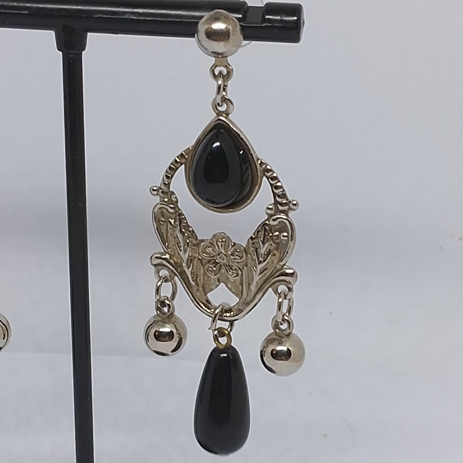 Vintage Silver-tone W/ Black Beaded Chandelier Drop Dangle Post Pierced Earrings