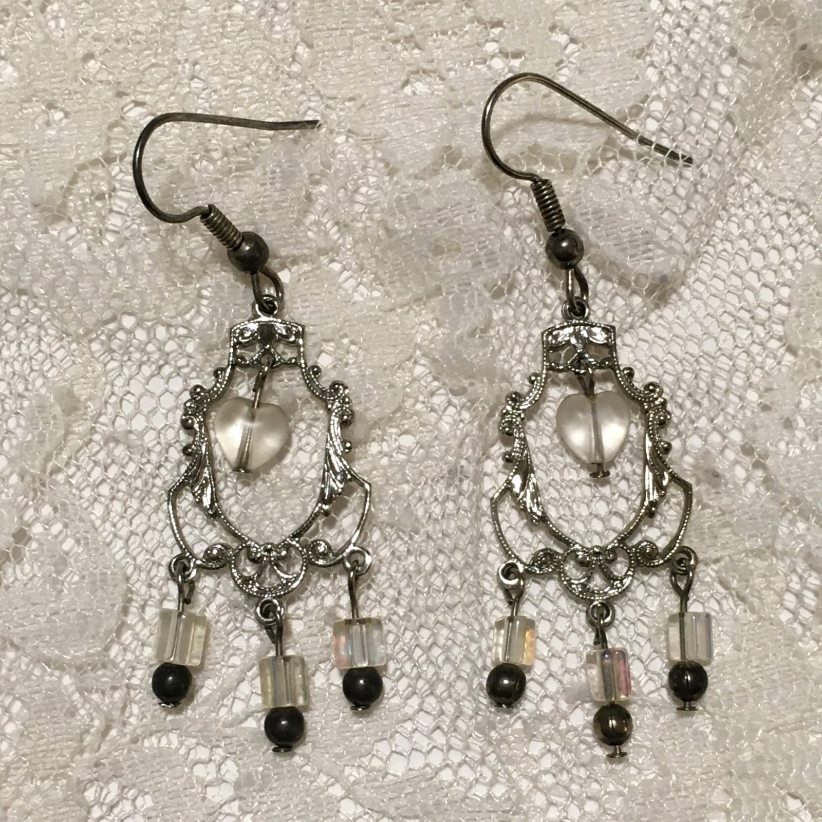 Dainty Chandelier Earrings Beaded Hooks Silver Tone