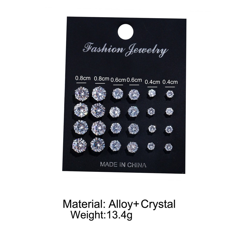 12 Pairs Round Six Prong Zircon Stud Earrings Silver Alloy for Work Events