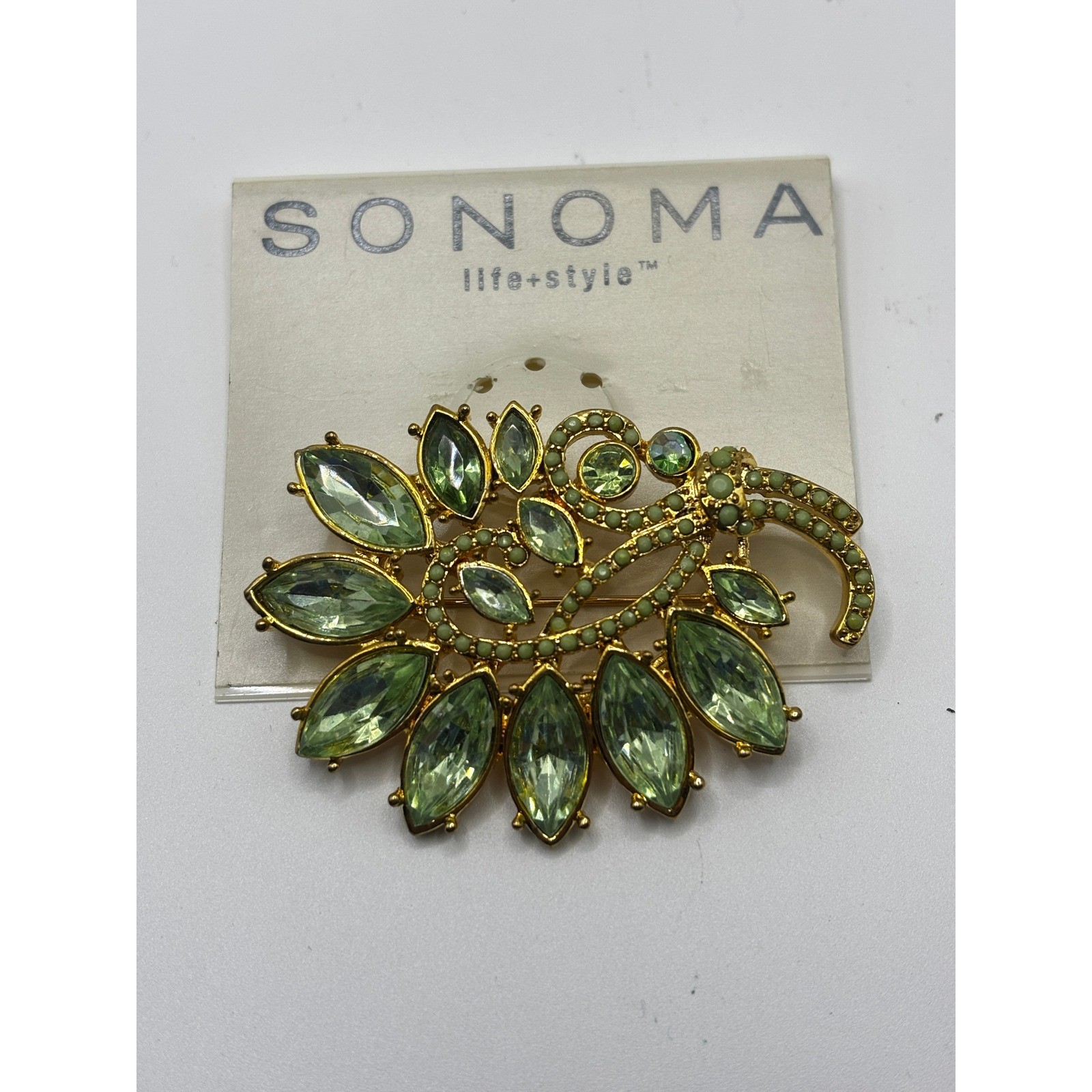 Sonoma Life + Style Green Crystal Gold Tone Floral Brooch Pin Marquise Stones