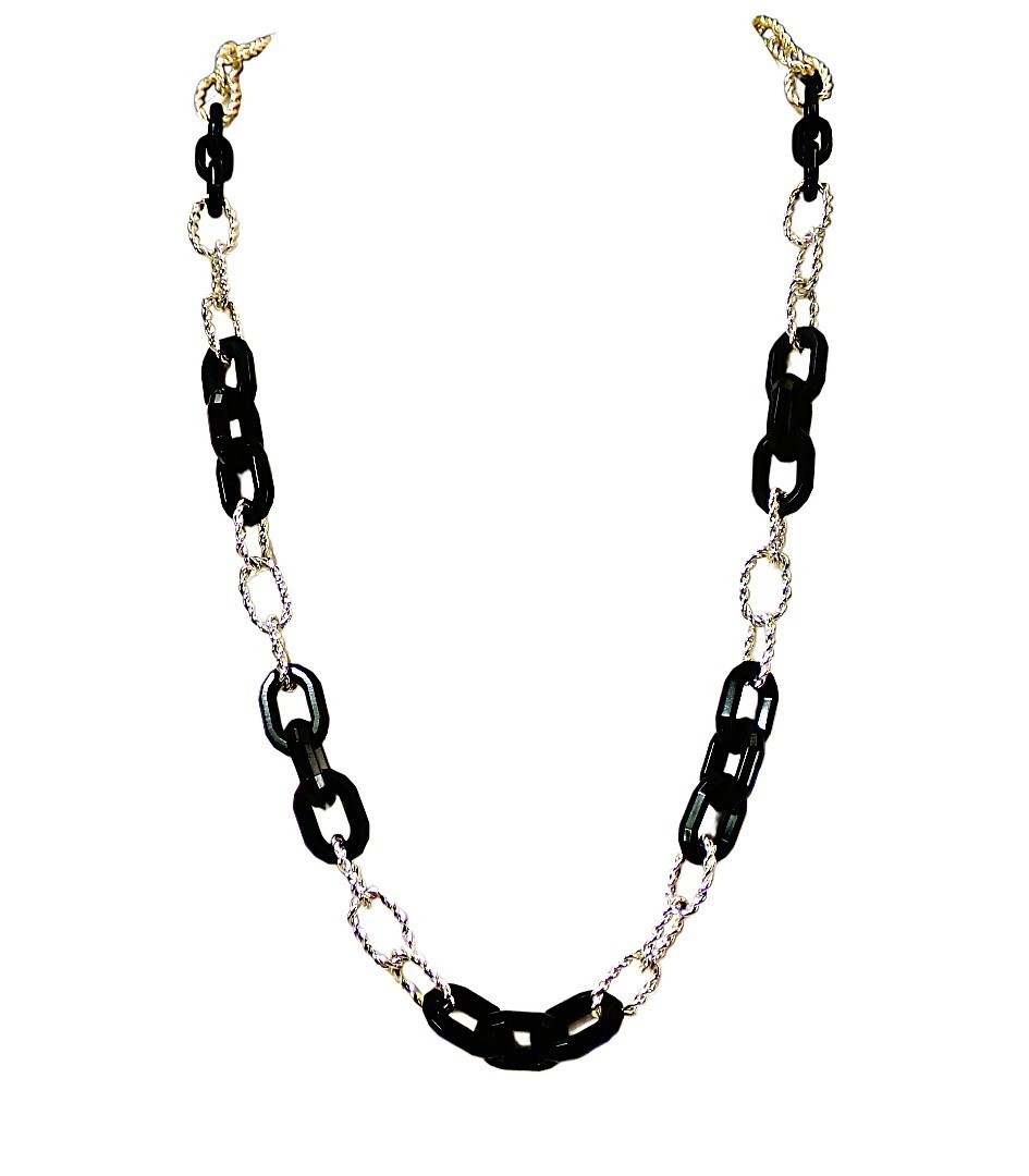 Silver and black link necklace with oval metal and black acrylic links 29″ New