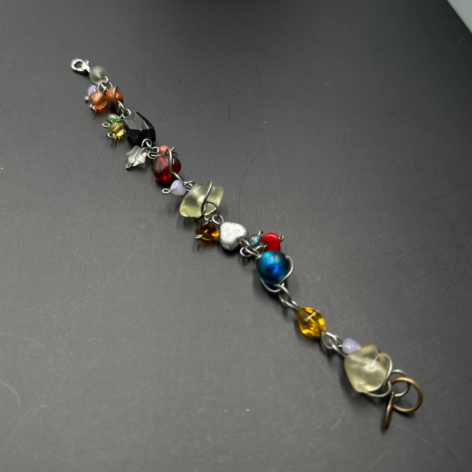 ABRA Bracelet Silver Tone Multicolored Glass Beads Wire Wrapped Boho Artsy 7.5″