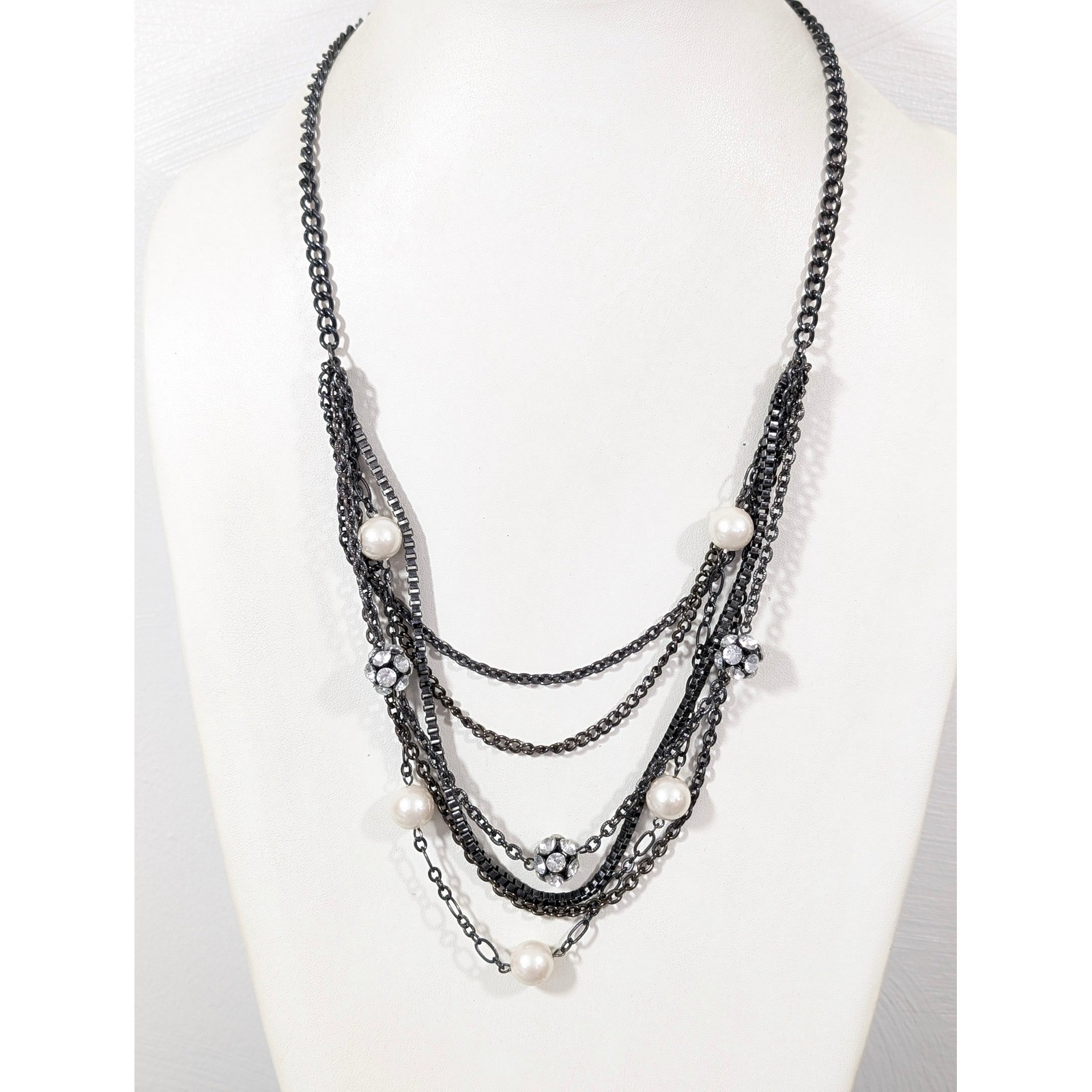 Layered Gunmetal Chain Necklace Crystal Ball Faux Pearl Statement 24″