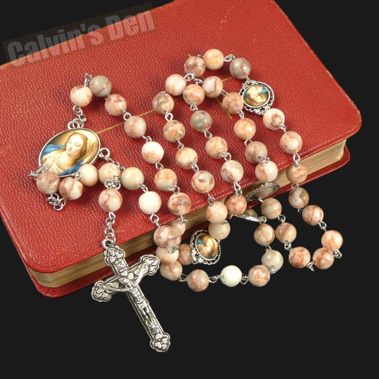 Virgin in Prayer Rosary Necklace Red Vein Jasper Bead Crucifix Cross Men Women