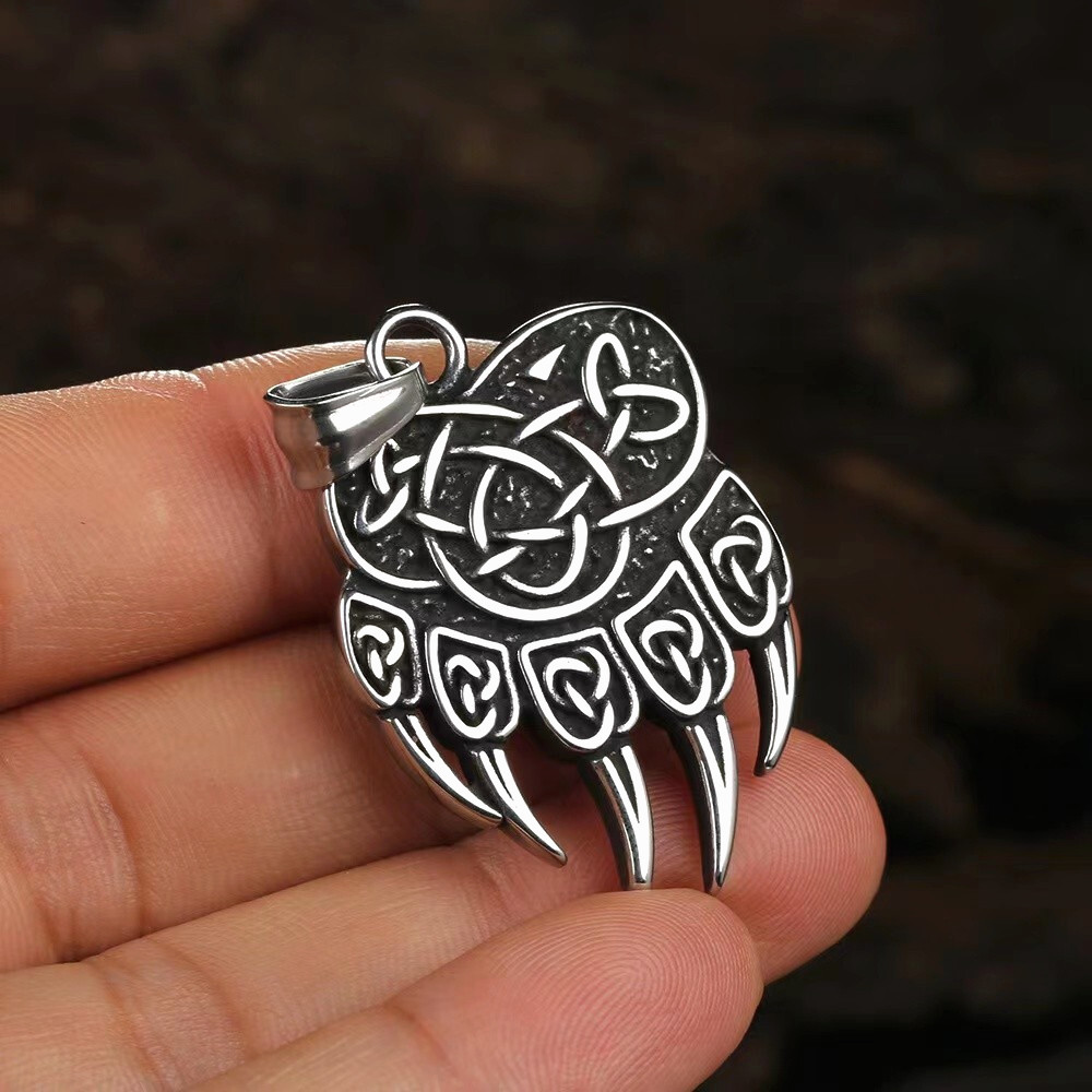 Silver Bear Paw w. Celtic Knot Pendant Necklace Chain Norse Viking Jewelry Gift