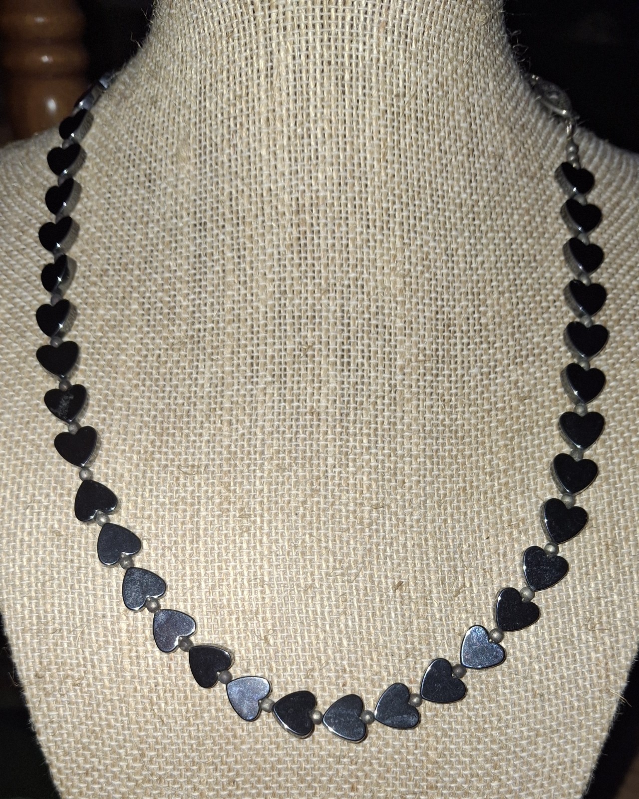 Heart Shaped Hematite Gemstone Bead Necklace Vtg FishHook Clasp