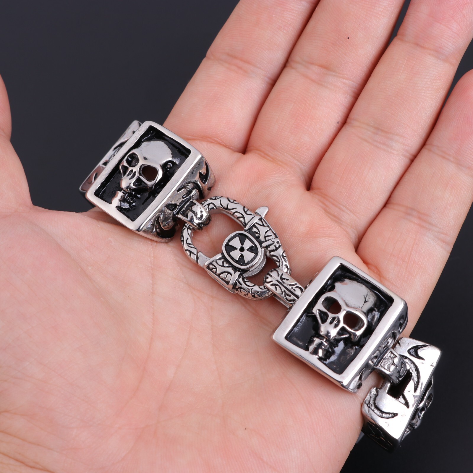 Biker Punk Rocker Square Skull Stainless teel Bracelet Halloween 8.5″ US Seller