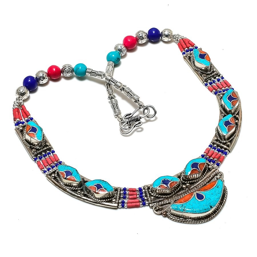 Turquoise Coral Lapis Lazuli Necklace Tibetan Vintage Nepali Jewelry 18″ NN 7314