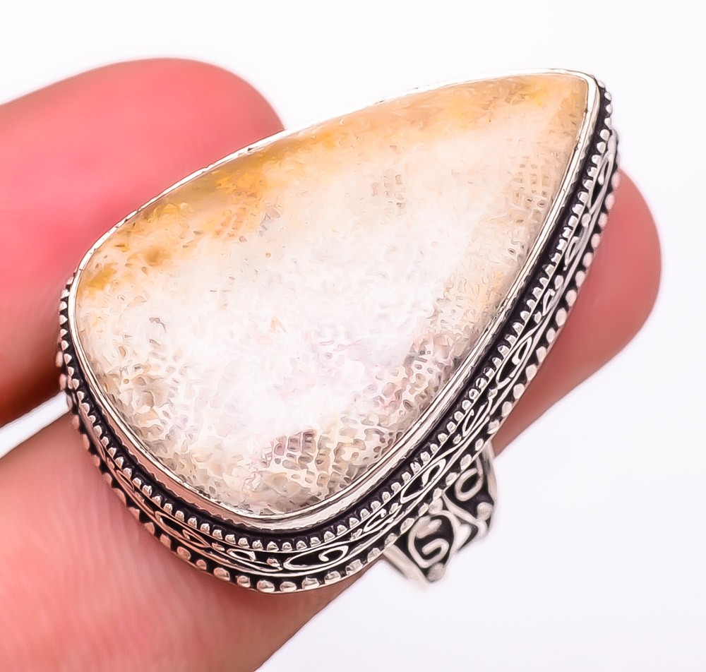 Natural Fossil Coral Gemstone 925 Silver Plated Jewelry Ring s9 LR-7304