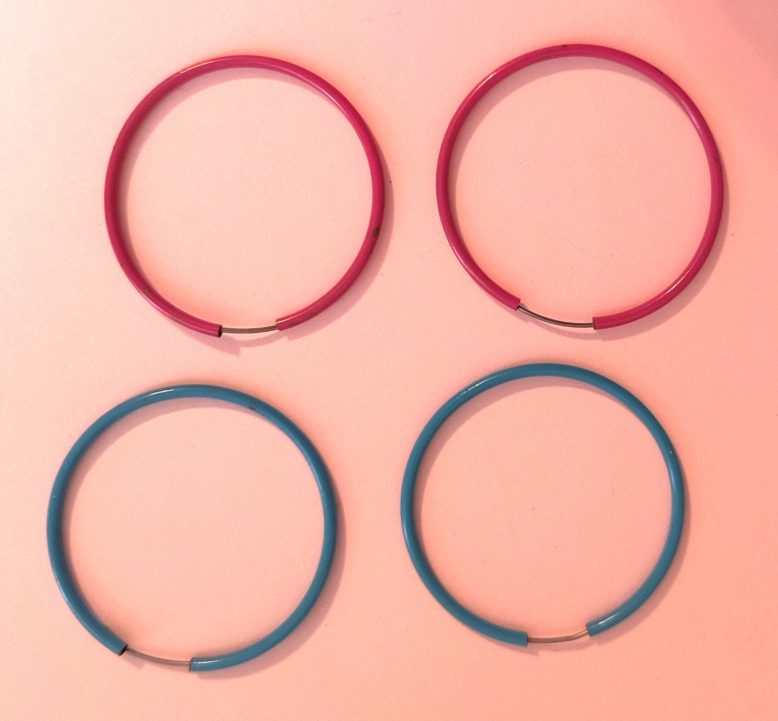 2 Pairs Hoop Metal Earrings for Pierced Ears Aqua Dark Pink 1 3/4 Inches