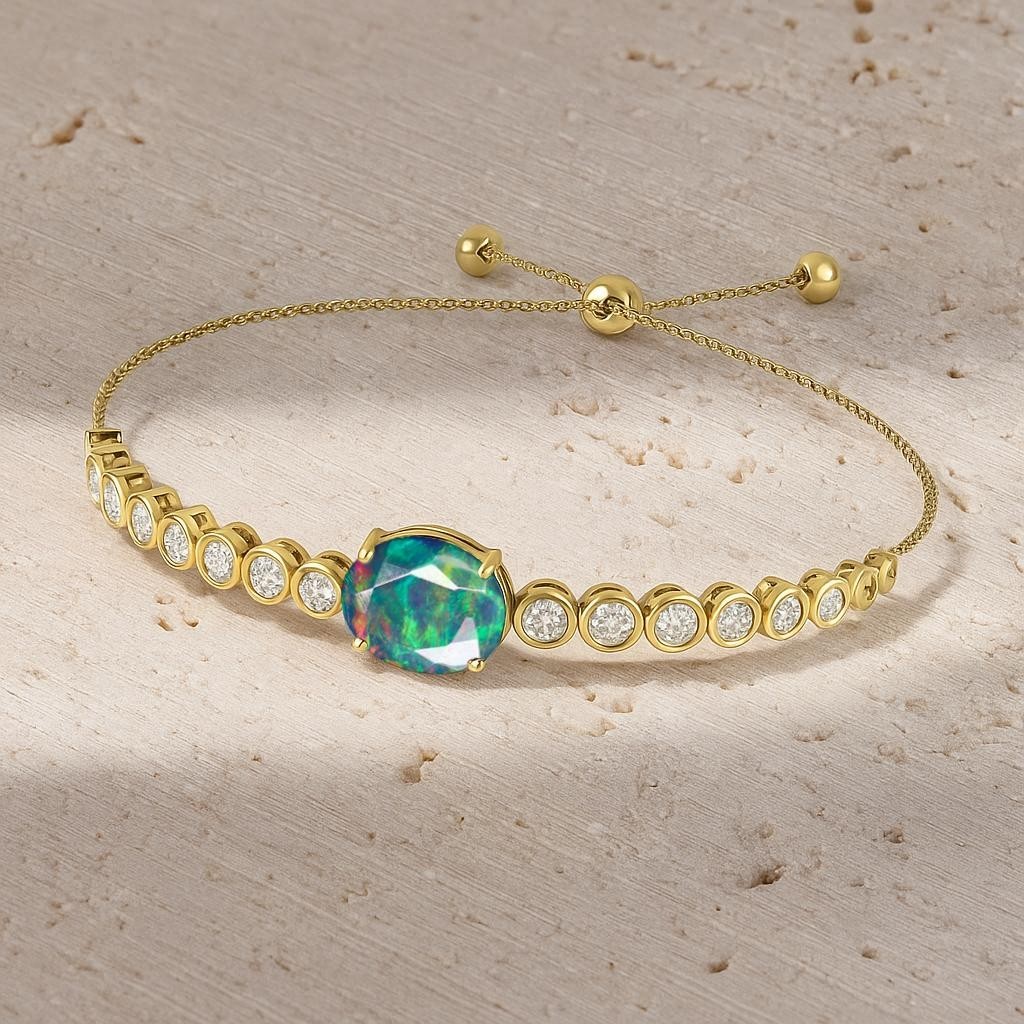 Black Oval Stone Opal Gemstone Bolo Bracelet, Opal Adjustable Bracelet Gift