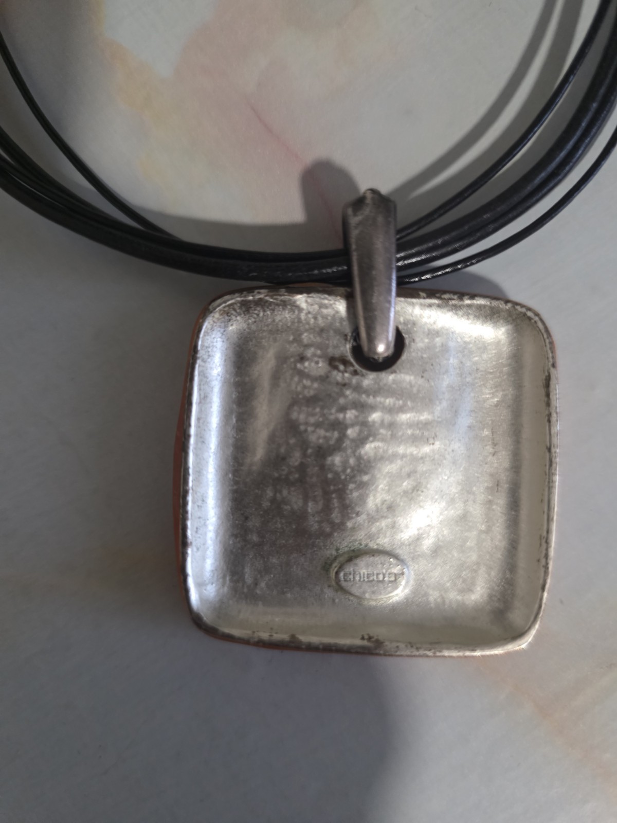 Chico’s Orange Square Charm Pendant Cord Necklace Adjustable Lobster Signed