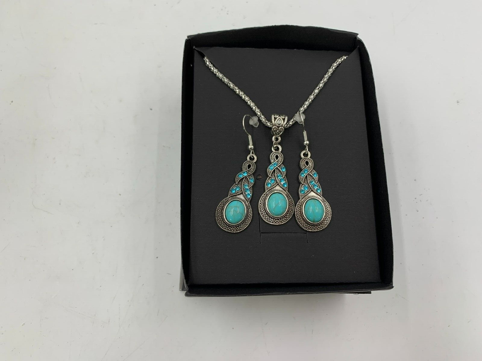 Metal 10in Aqua Stone Necklace & Earrings Set JEWERLY022