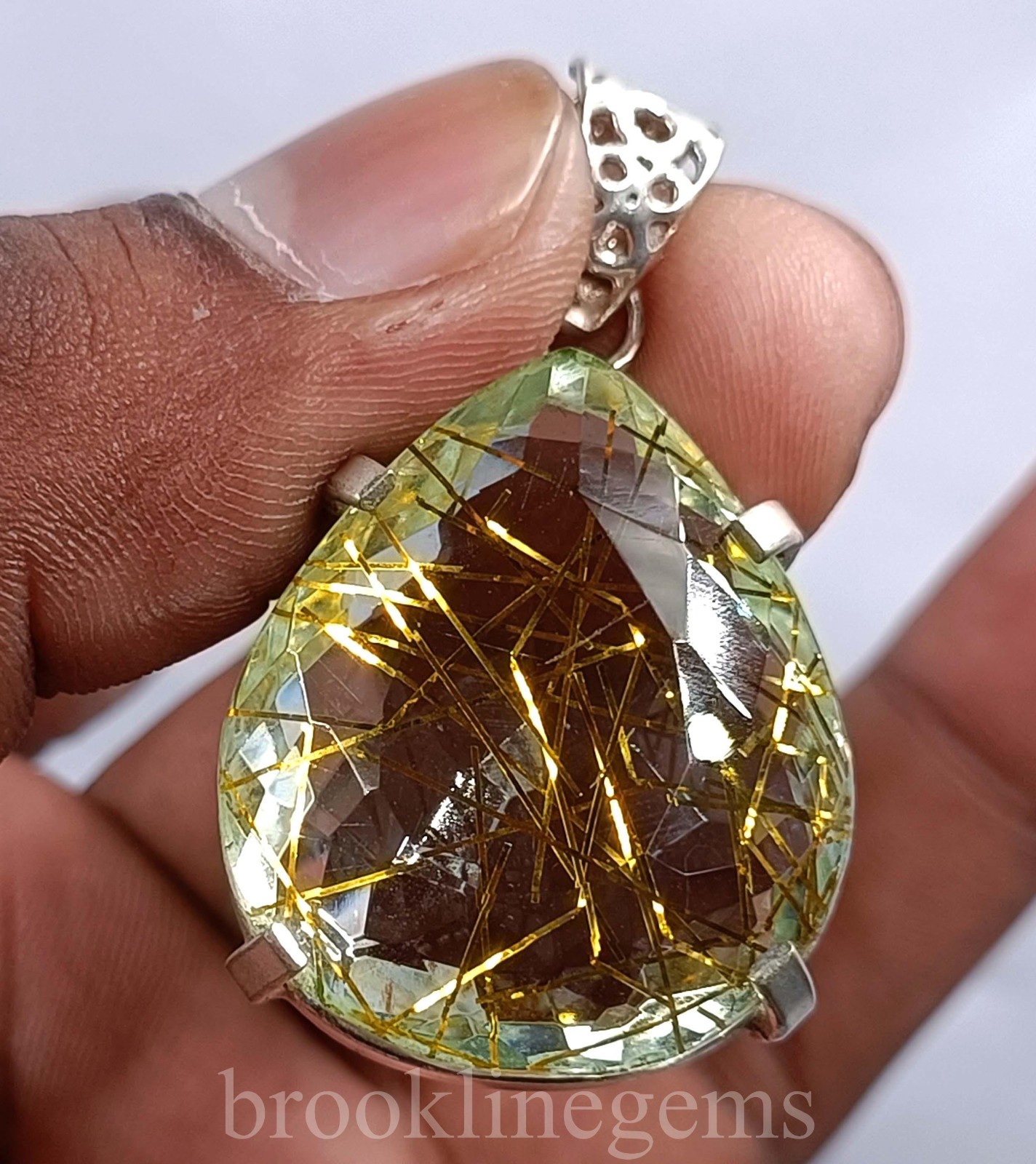 Natural Rutilated Quartz 69.70 Ct Pendant Pear Cut 925 Silver EGL Certified 5NSR