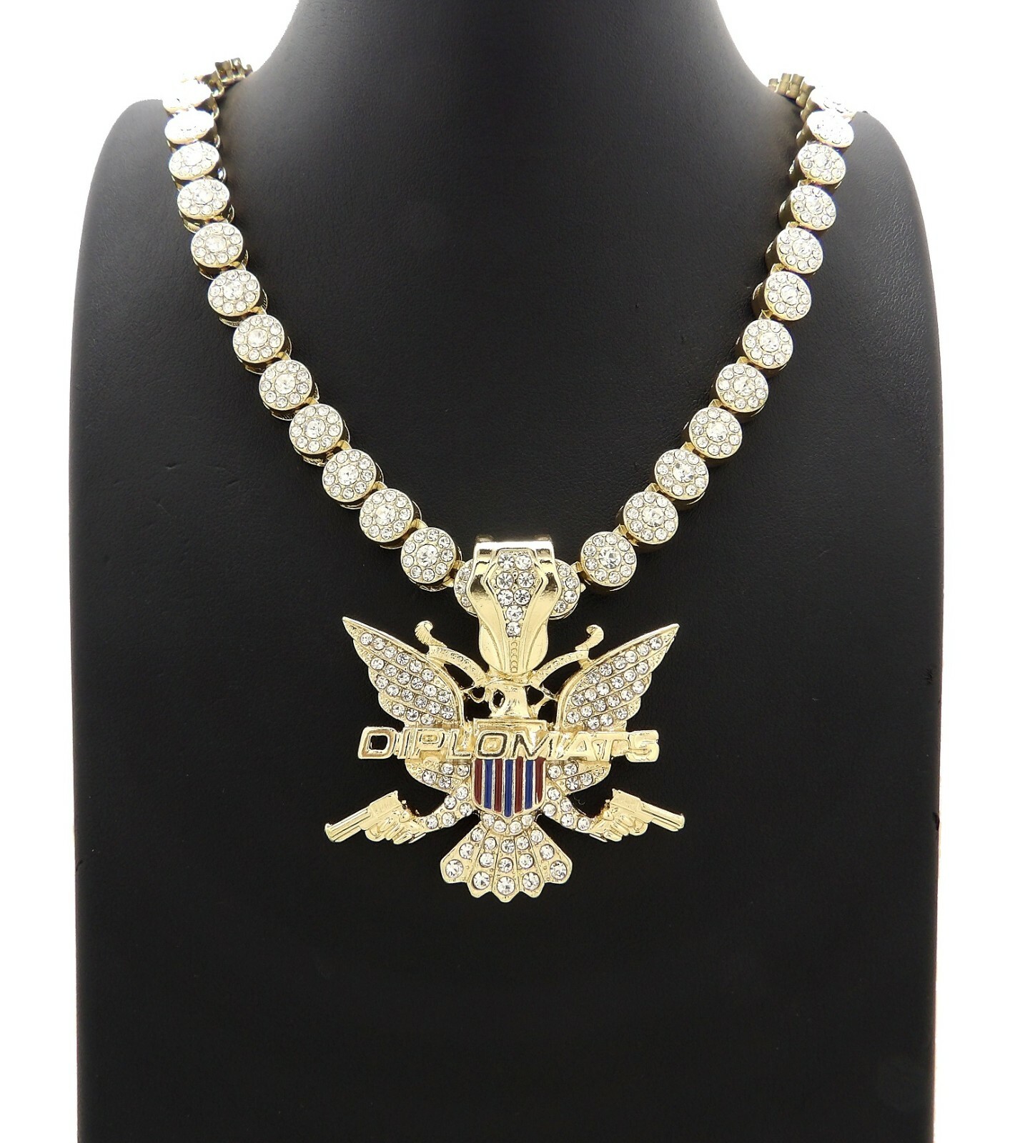 Hip Hop Iced DIPLOMATS Eagle Pendant & 8mm 18″ Cluster Choker Chain Necklace