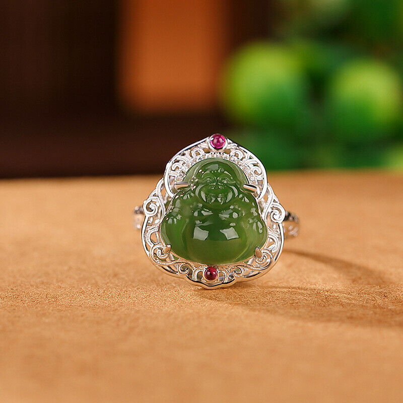 Chinese Hetian Jasper Buddhism Maitreya Buddha Pretty S925 Pure Silver Ring