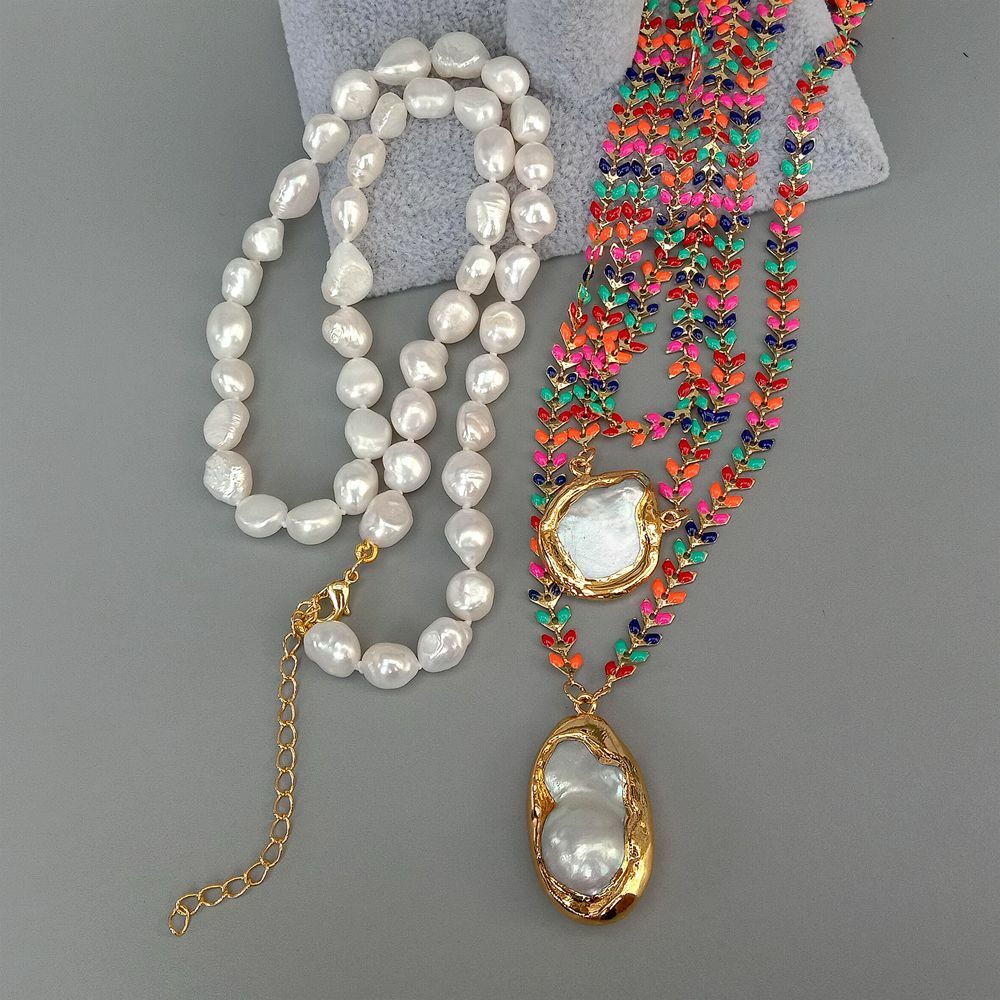 Multi Color Enamel Chain White Baroque Pearl Necklace Keshi Pearl Charm Pendant