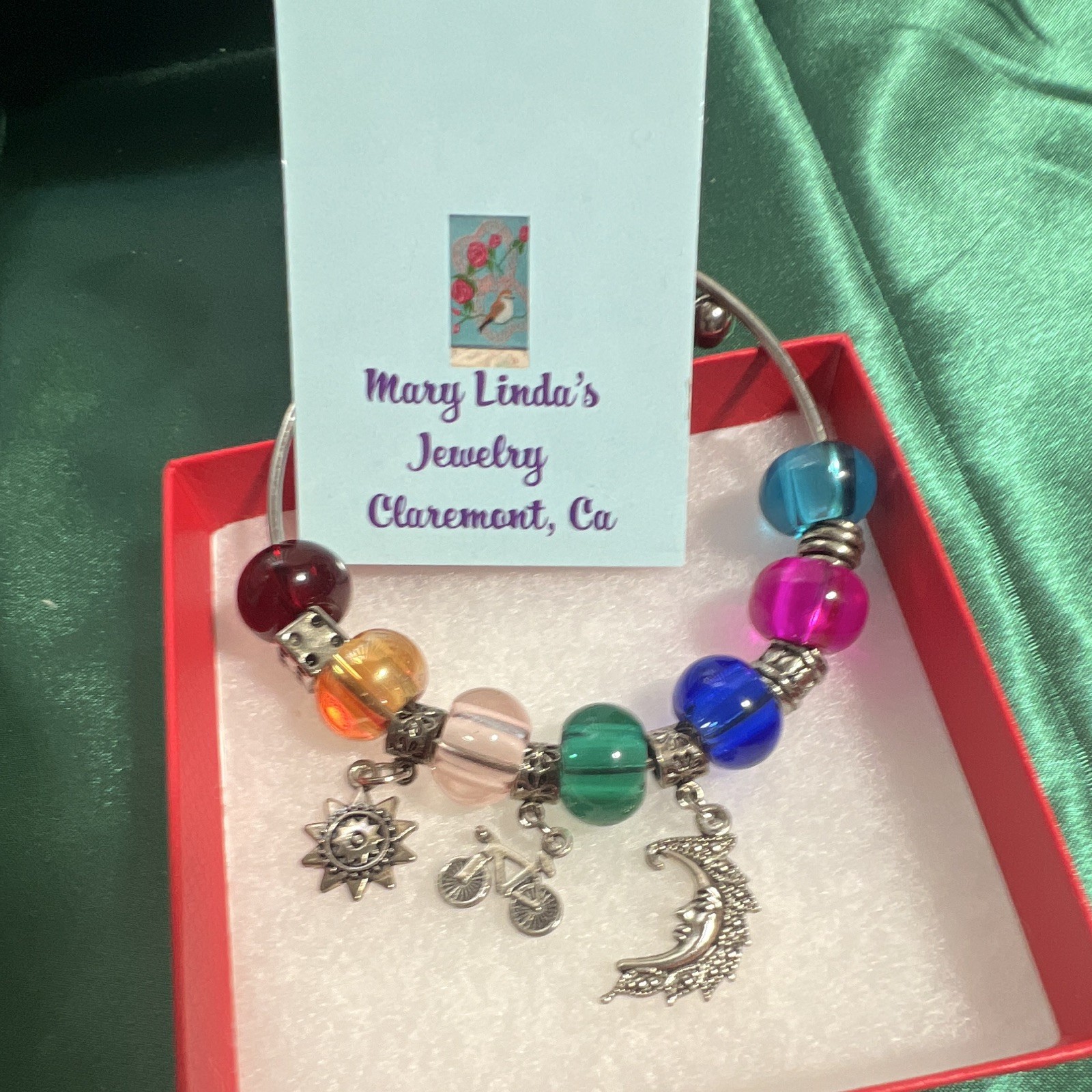 Bracelet 8 inch multicolored chrome crystal glass sterling Sun, bike, moon. ￼