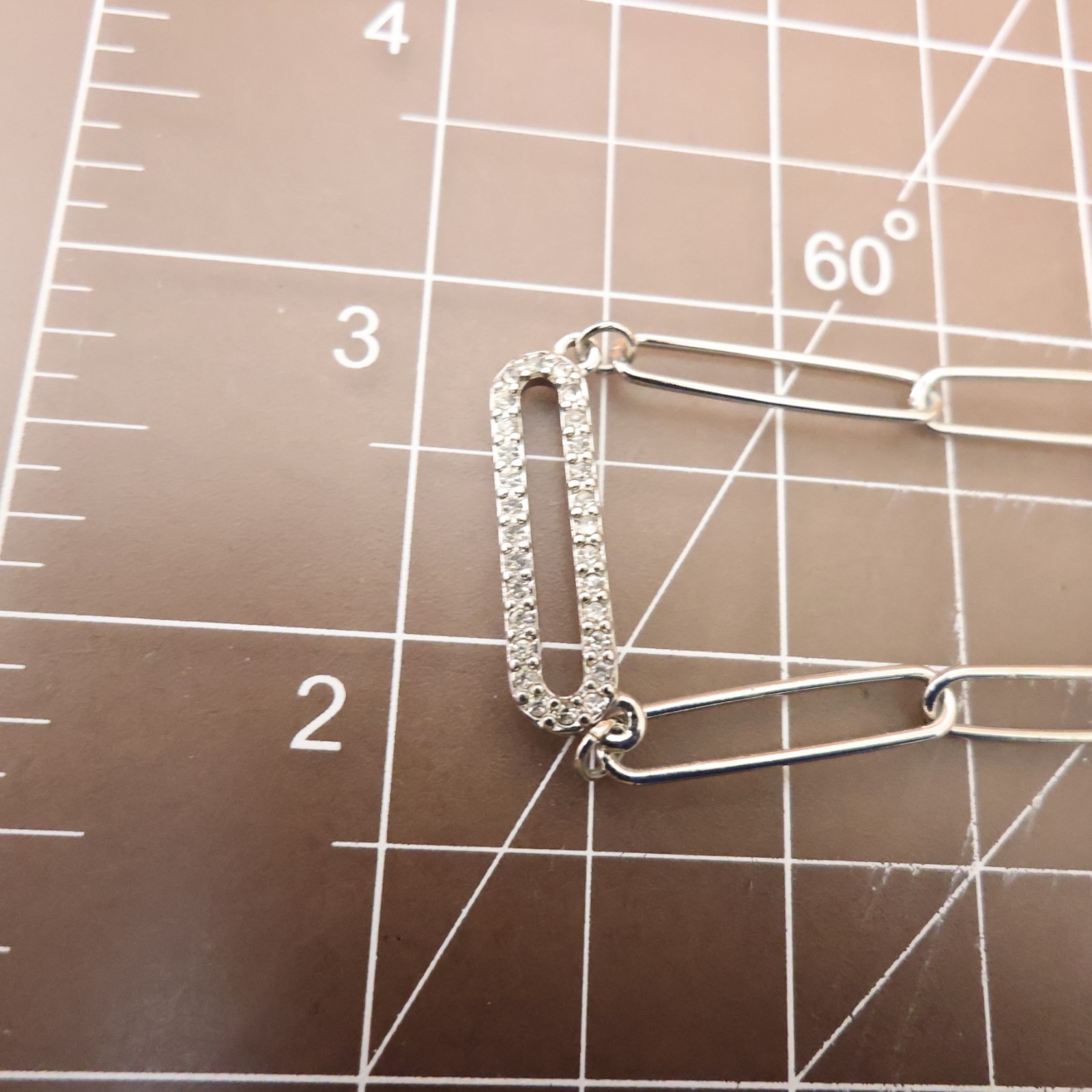 Marlyn Schiff necklace paperclip chain silvertone w crystals signed nickel free
