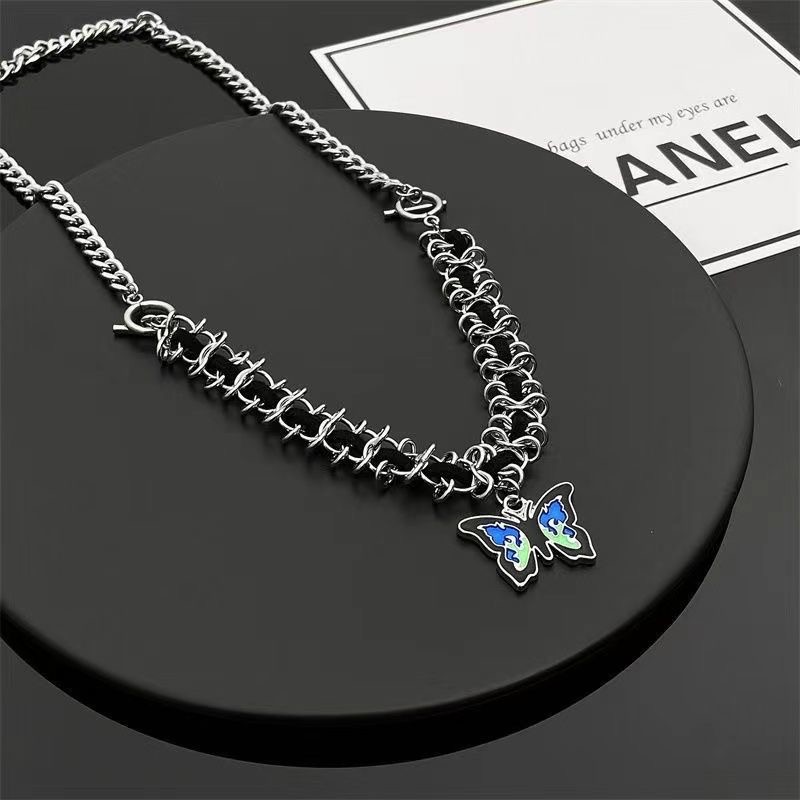 Silver Thorn Chain Butterfly Choker Necklace Blue Enamel Butterfly pJewelry