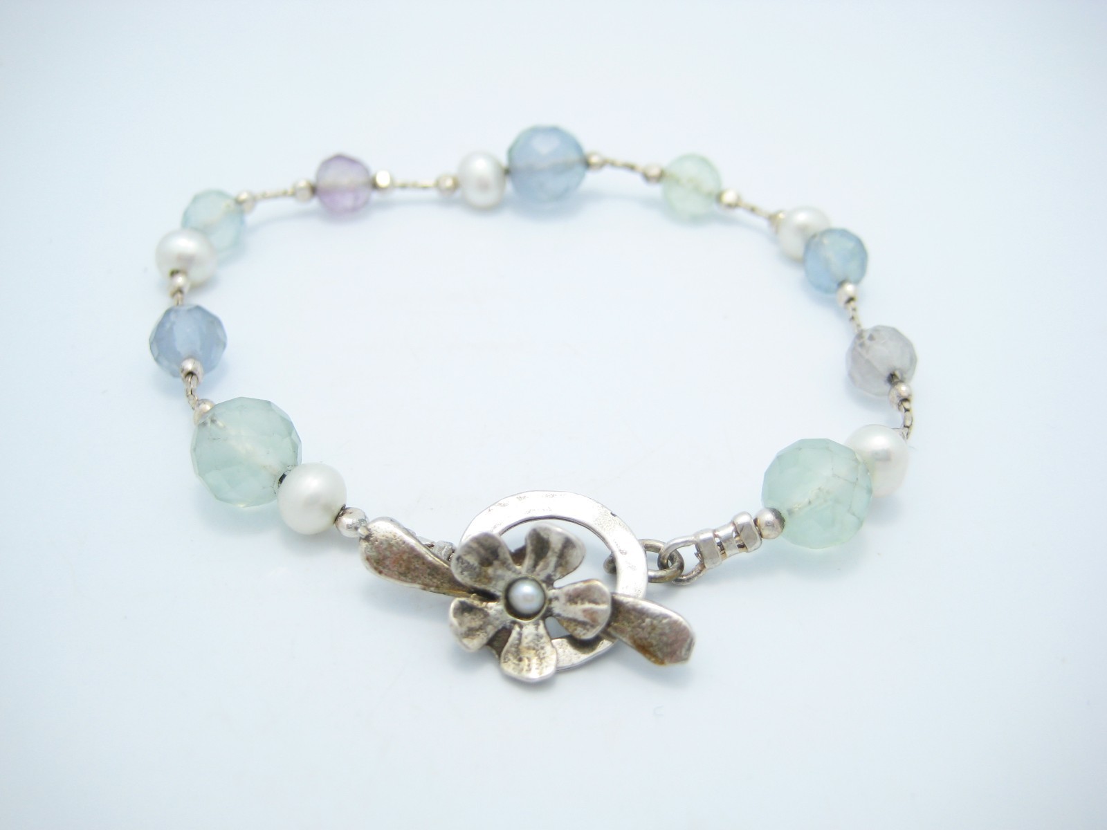 Sterling Silver Chain 7.8mm Beaded Flower Toggle Clasp Link Bracelet 7″