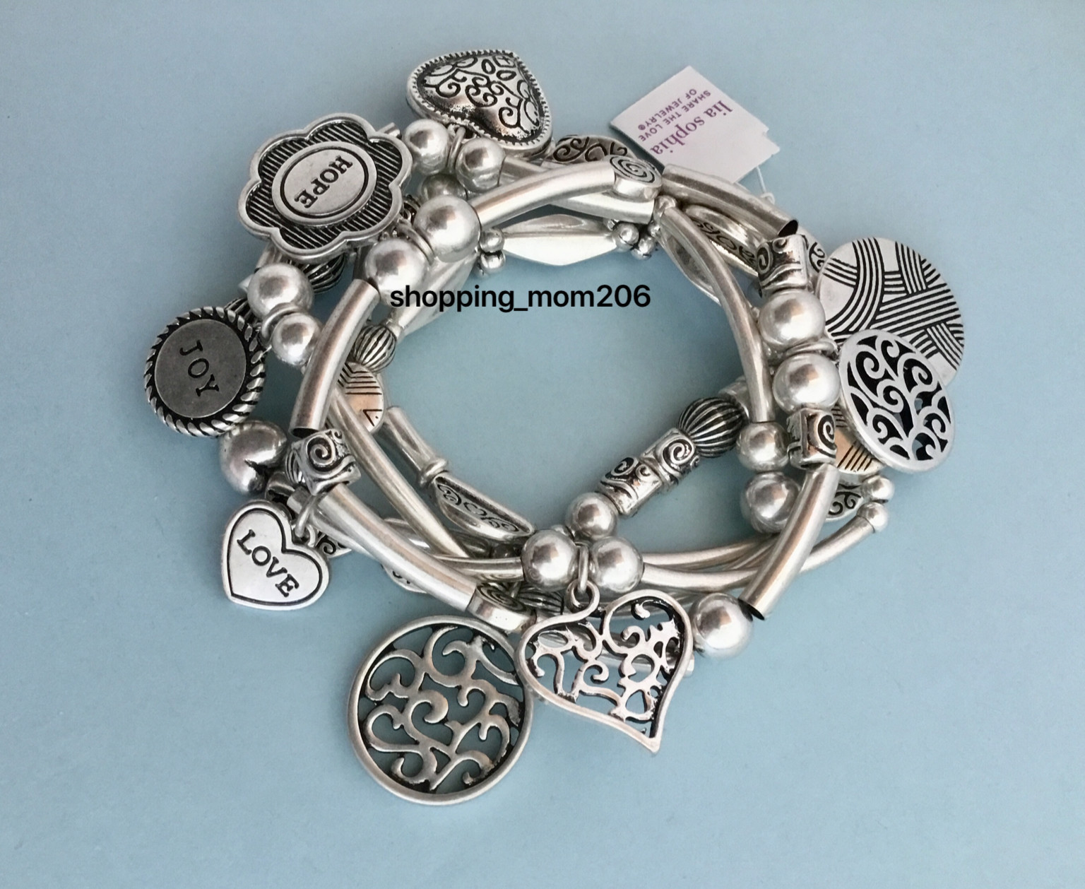 Lia Sophia “Menagerie” Matte Silver Tone w/Charms Stretch Bracelet Set