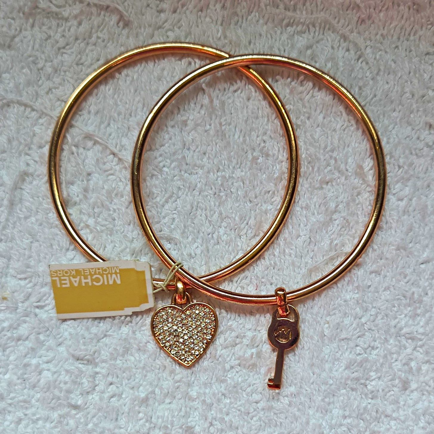 Michael Kors Gold Tone Bangle Bracelet Set Heart & Key Dangle Pavé Crystal