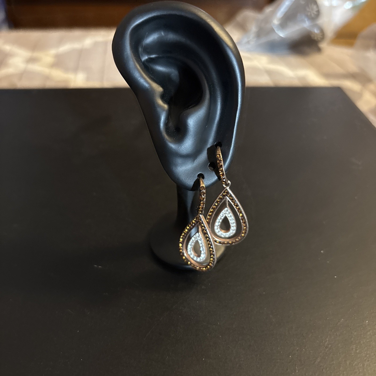 Beautiful Rose Gold Over Sterling Silver, With Brown & White Rhinestone Earrings