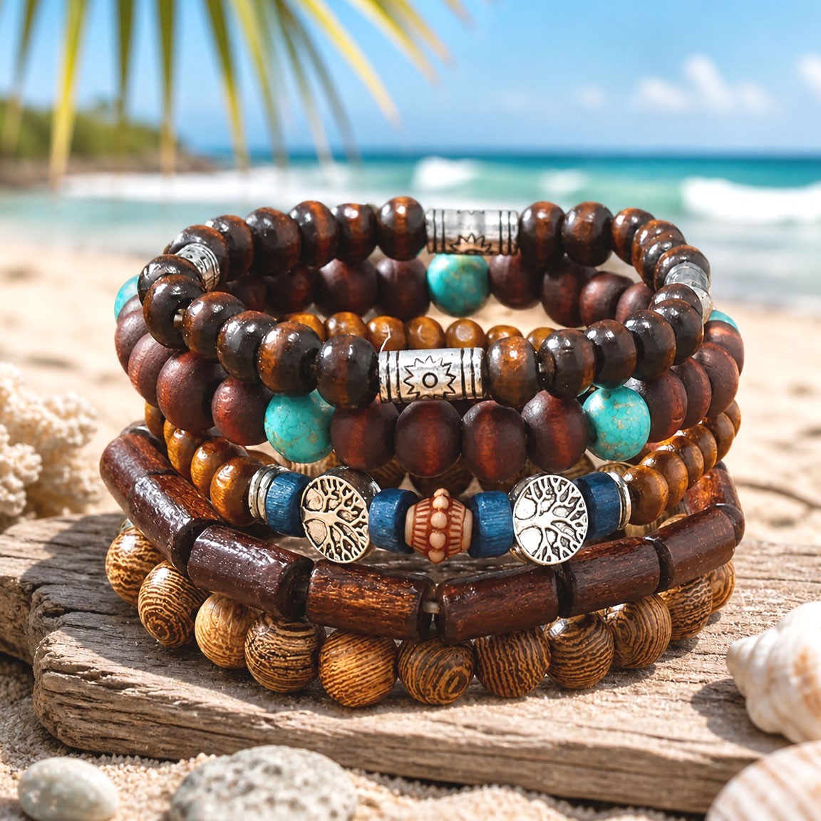 5Pc Tree Boho Wood Bead Bracelet Set Turquoise Stretch Stack Unisex Men Women 7″