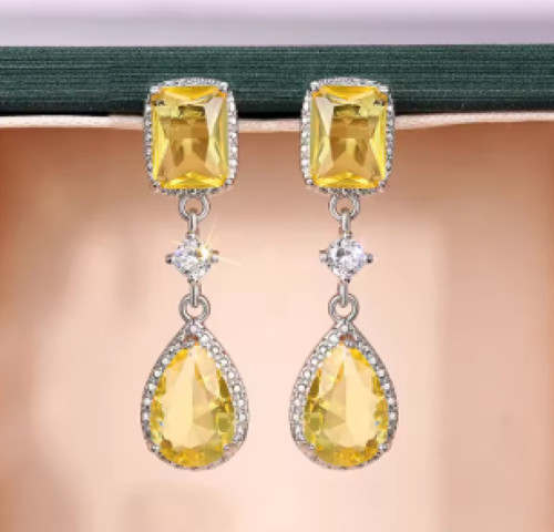 Long Yellow Oblong Square Rhinestone Earrings Wedding Prom Pageant