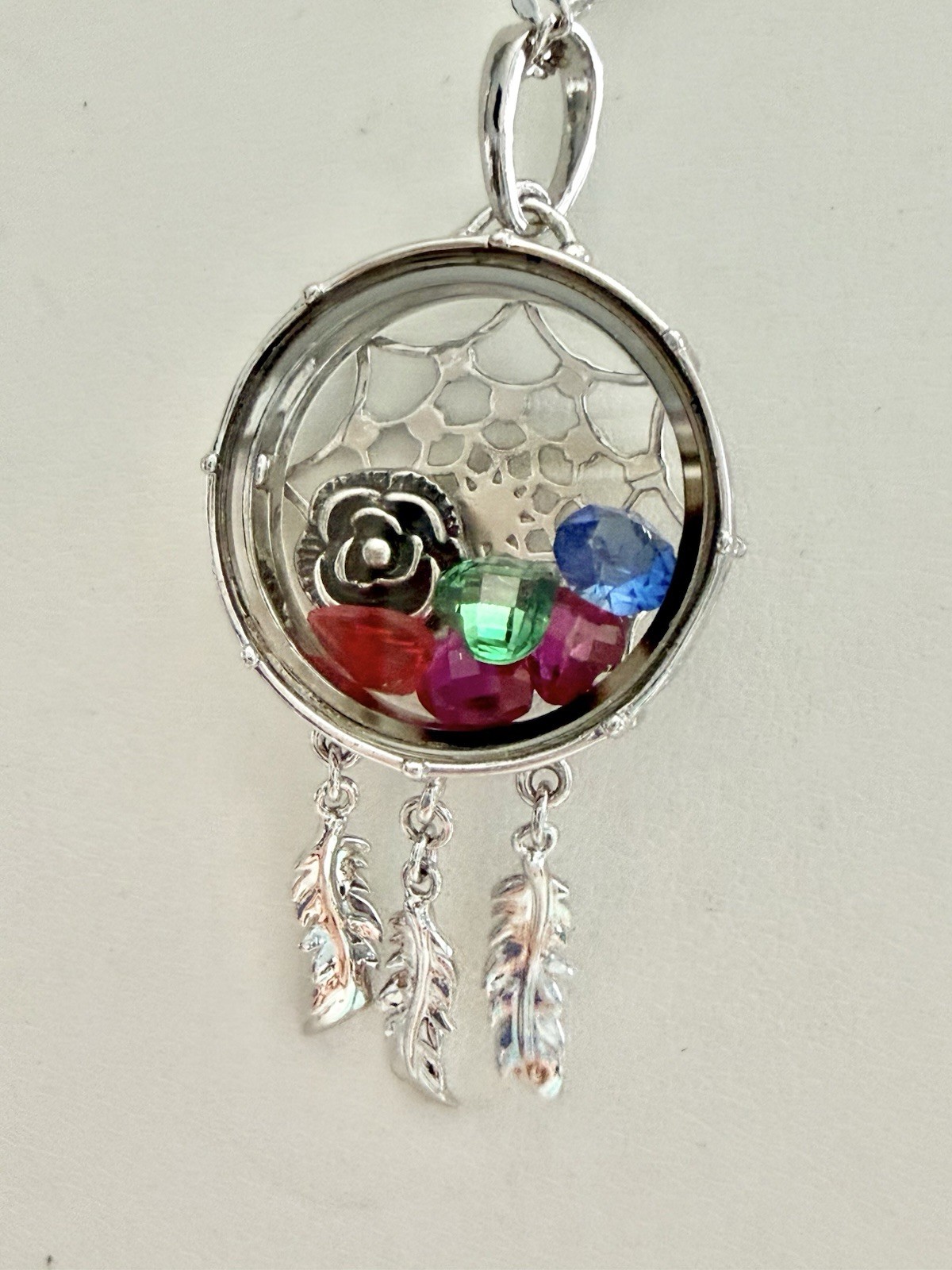 New ORIGAMI OWL Silver & Crystals Dream Catcher Locket 26” Necklace W/9 Charms