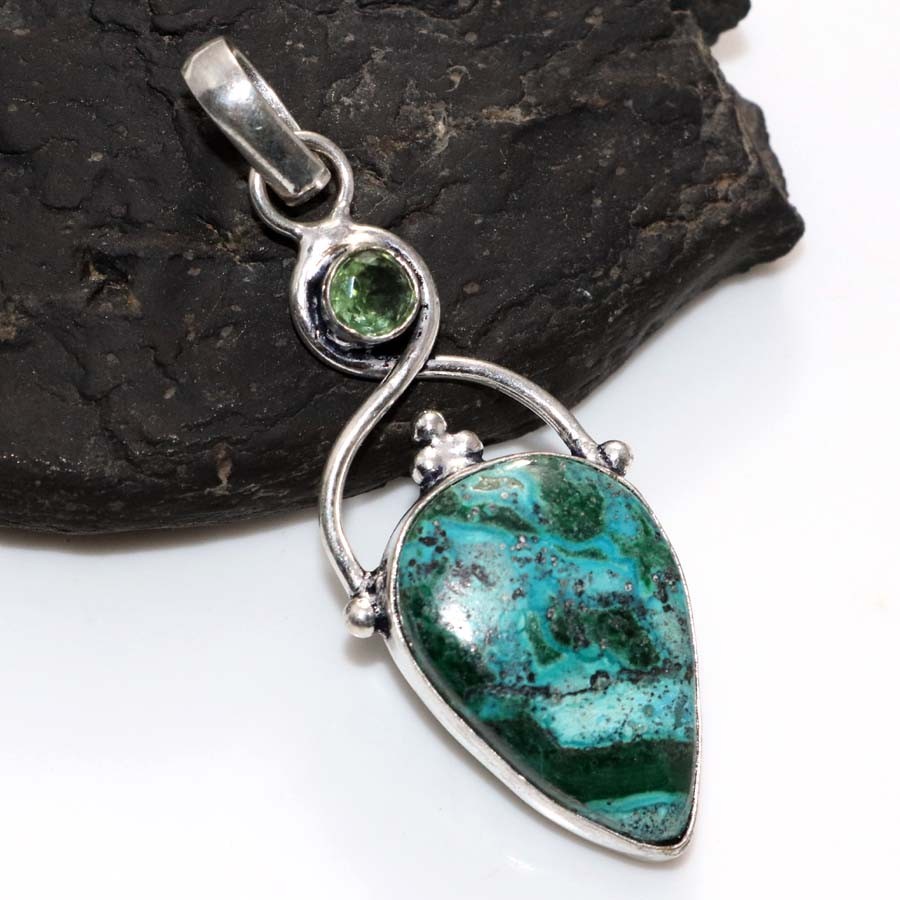 925 Silver Plated Long Chrysocolla Malachite Tsavorite Pendant 2.2″ Trendy GW