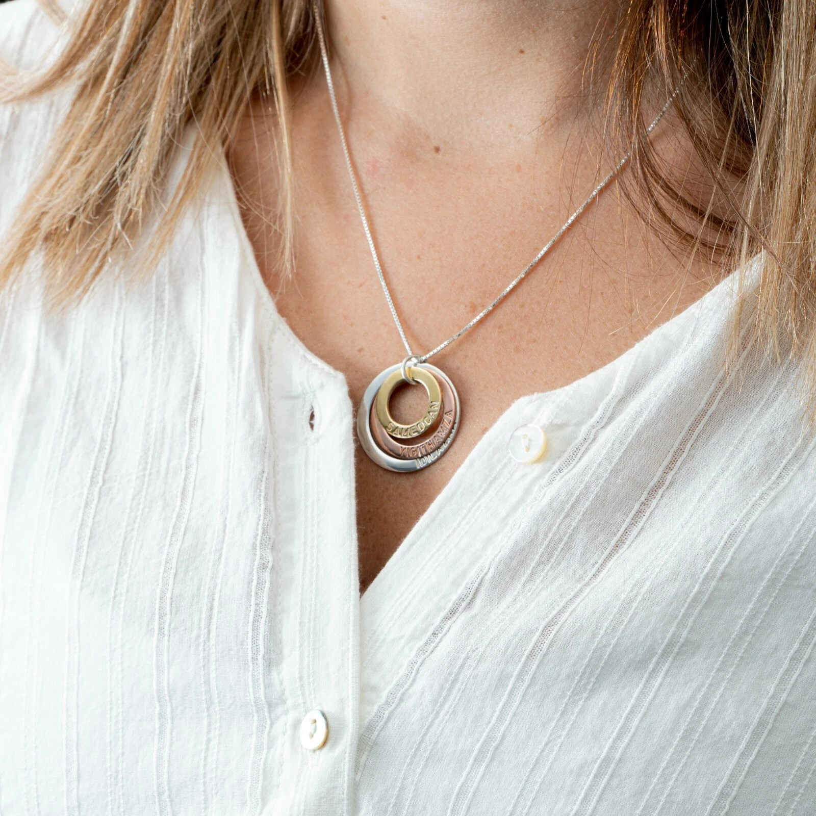 Three Tone Ring Engraved Mother Necklace personalized custom gift handmade