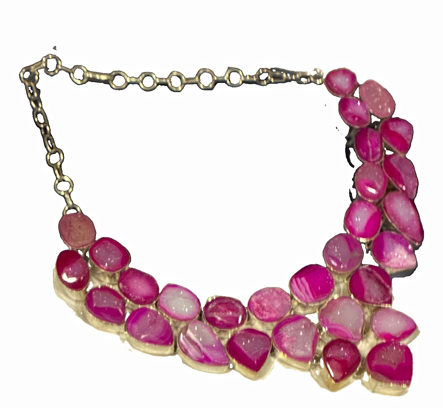 Pink Agate Statement Bib Beaded Necklace Silver Cable Chain Hook Adjustable
